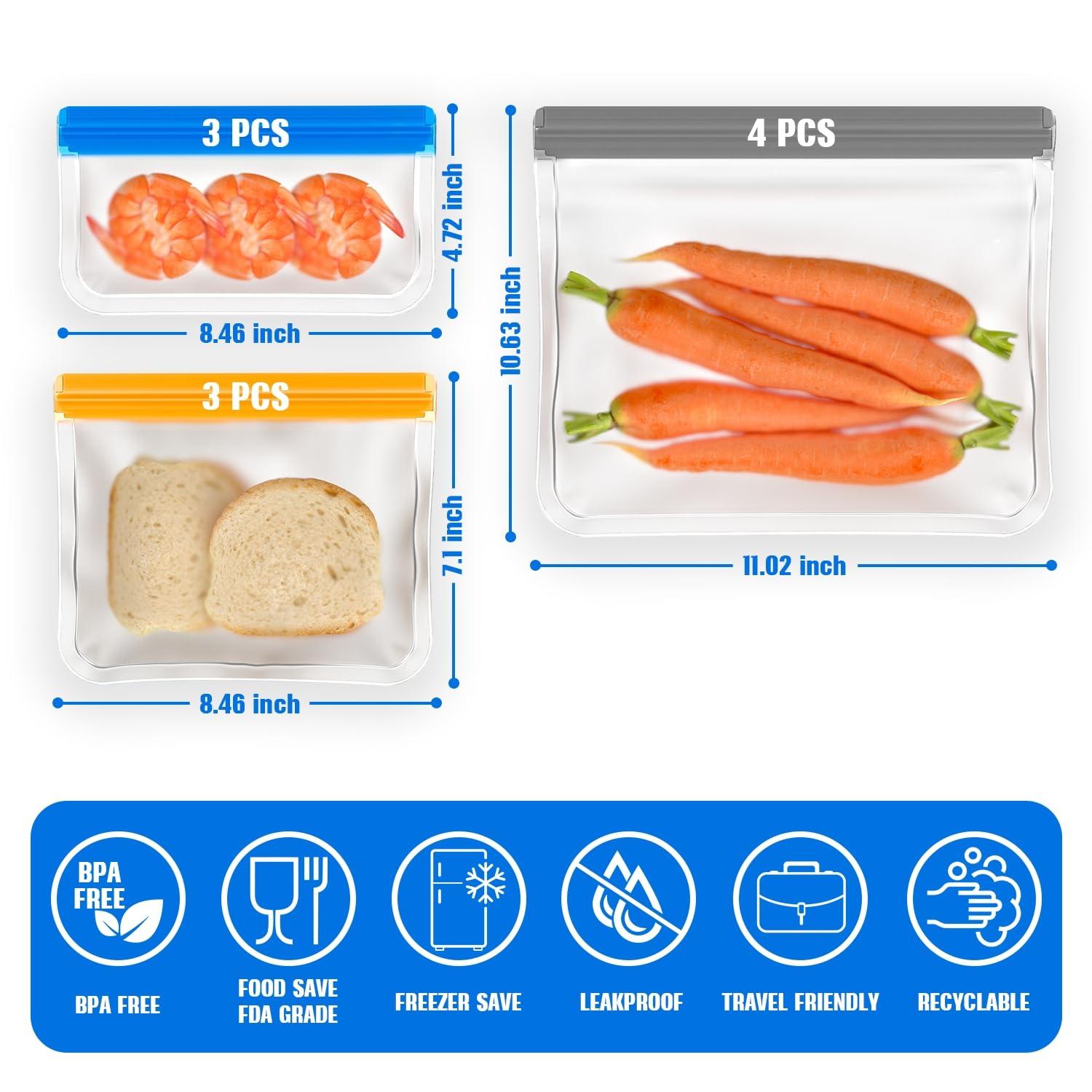 SOGUDE Reusable Snack Bags, 10 Pack Dishwasher Safe Reusable Ziploc Bags PEVA, BPA Free Leakproof Reusable Storage Bags for Lunch, Vegetables, Fruits - 4 Gallon 3 Sandwich 3 Snack Bags - Image 6