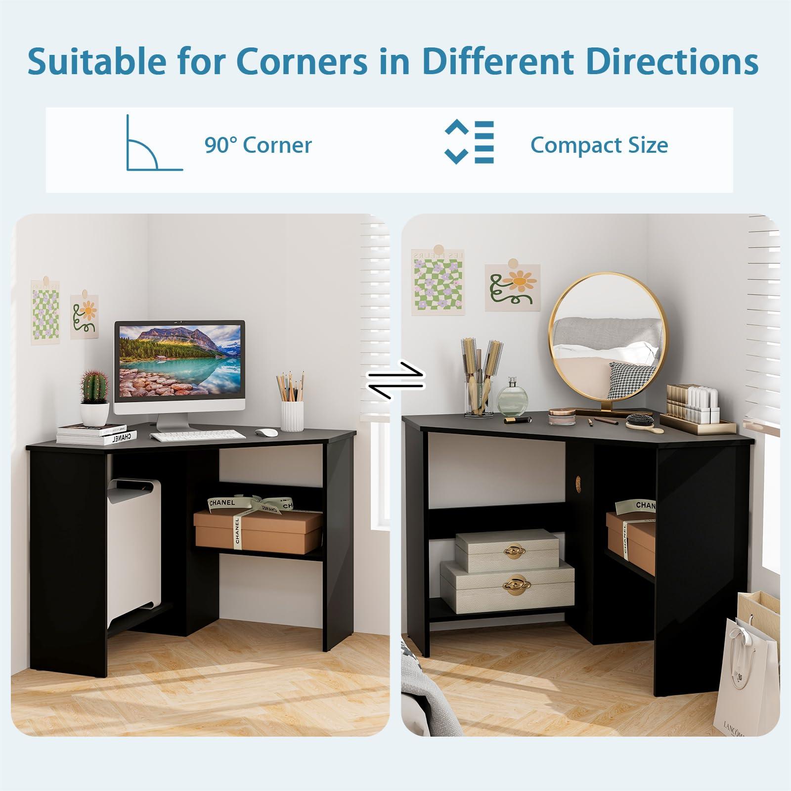 Tangkula Corner Desk, 90 Degrees Triangle Computer Desk for Small Space, Space Saving Bedroom Corner Makeup Vanity Desk with Storage Shelves & CPU Stand, - Image 6