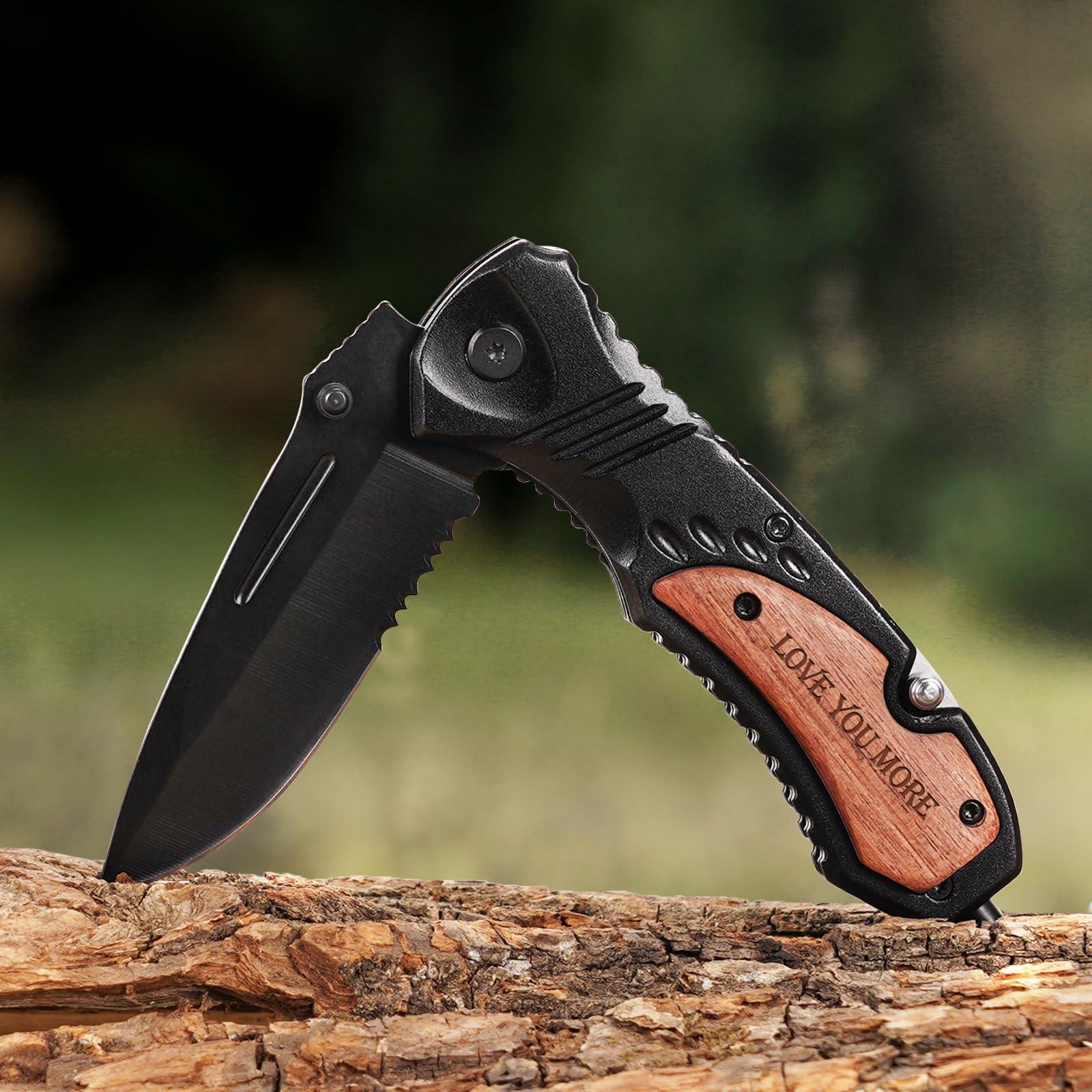 Gifts for Men Him Husband, Anniversary Birthday Gifts ideas for Him, Engraved Pocket Knife, Wooden Handle Folding Knife with Wood Box, Unique Outdoor Camping Hunting Fishing Tool - Image 2