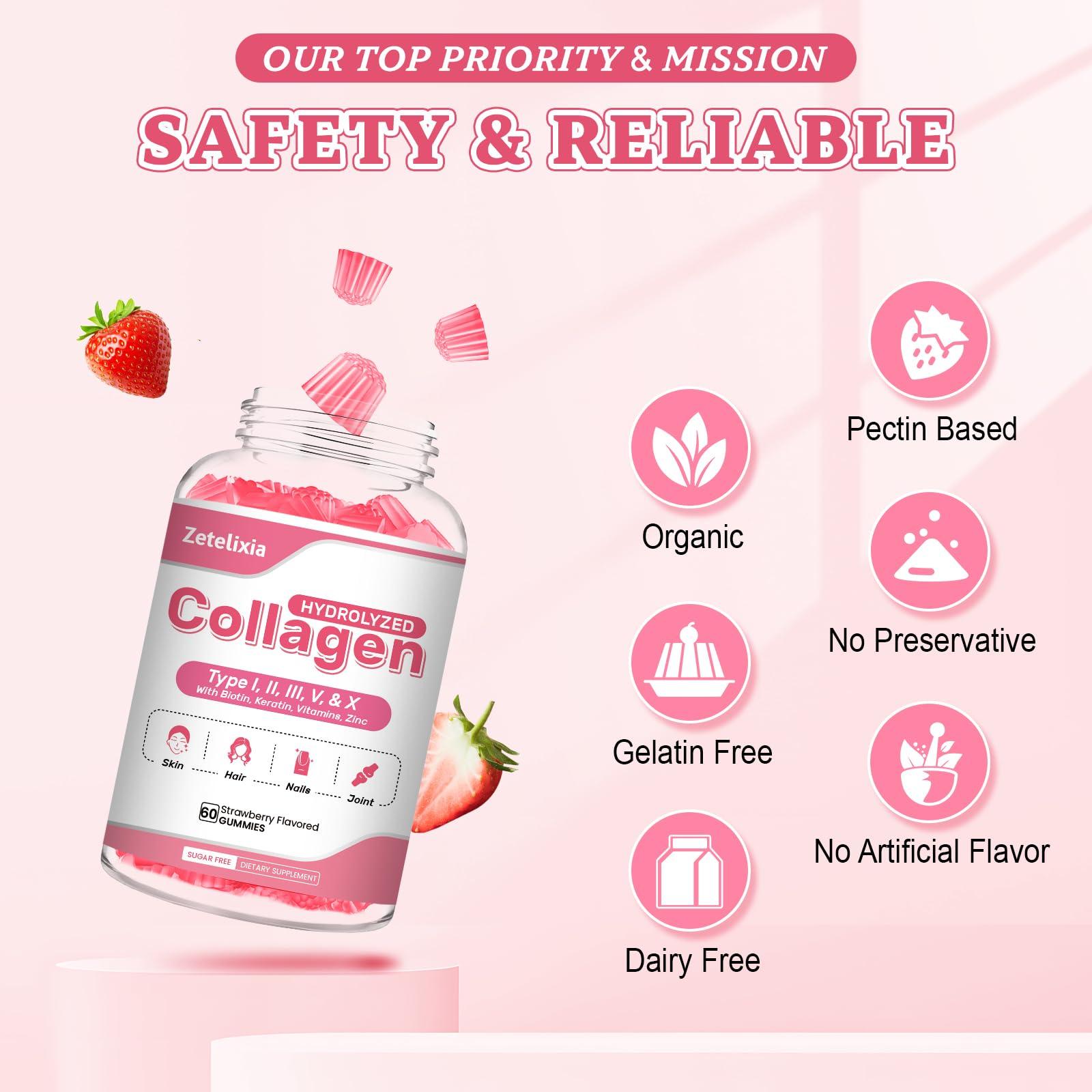 Zetelixia Collagen Gummies for Women Men, Hydrolyzed Collagen Peptide Type I,II,III,V,X with Biotin, Vitamin C A B D E for Skin Hair Nails J0ints, Immunity Energy Digestion, Sugar Free, 60 Count - Image 6