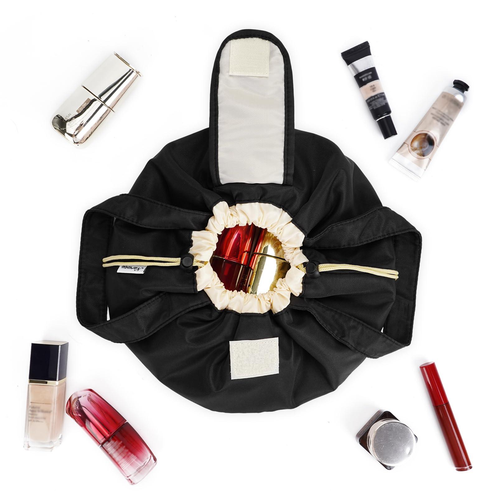 Narwey Barrel Drawstring Makeup Bag Large Cosmetic Bag Make up Bags Women and Girls Toiletry Organizer for Travel Toiletries Accessories Essentials (Black) (Patent) - Image 7