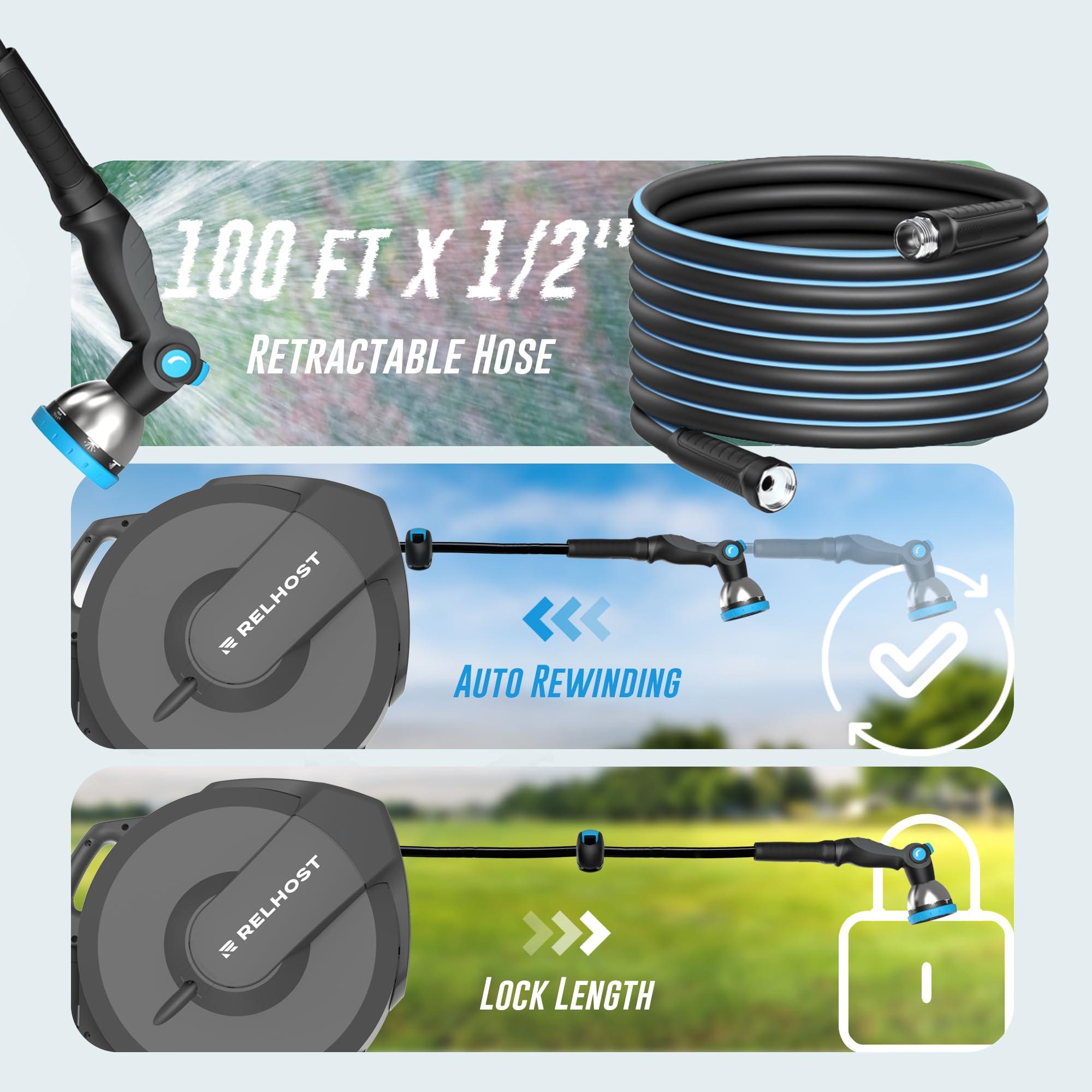 Relhost Retractable Garden Hose Reel 100 ft x 1/2 in, Heavy Duty Hose Reel Wall Mount with Any Length Lock, Auto Rewind System, 180° Swivel Bracket, 10-Pattern Garden Hose Nozzle, Dark Grey - Image 2