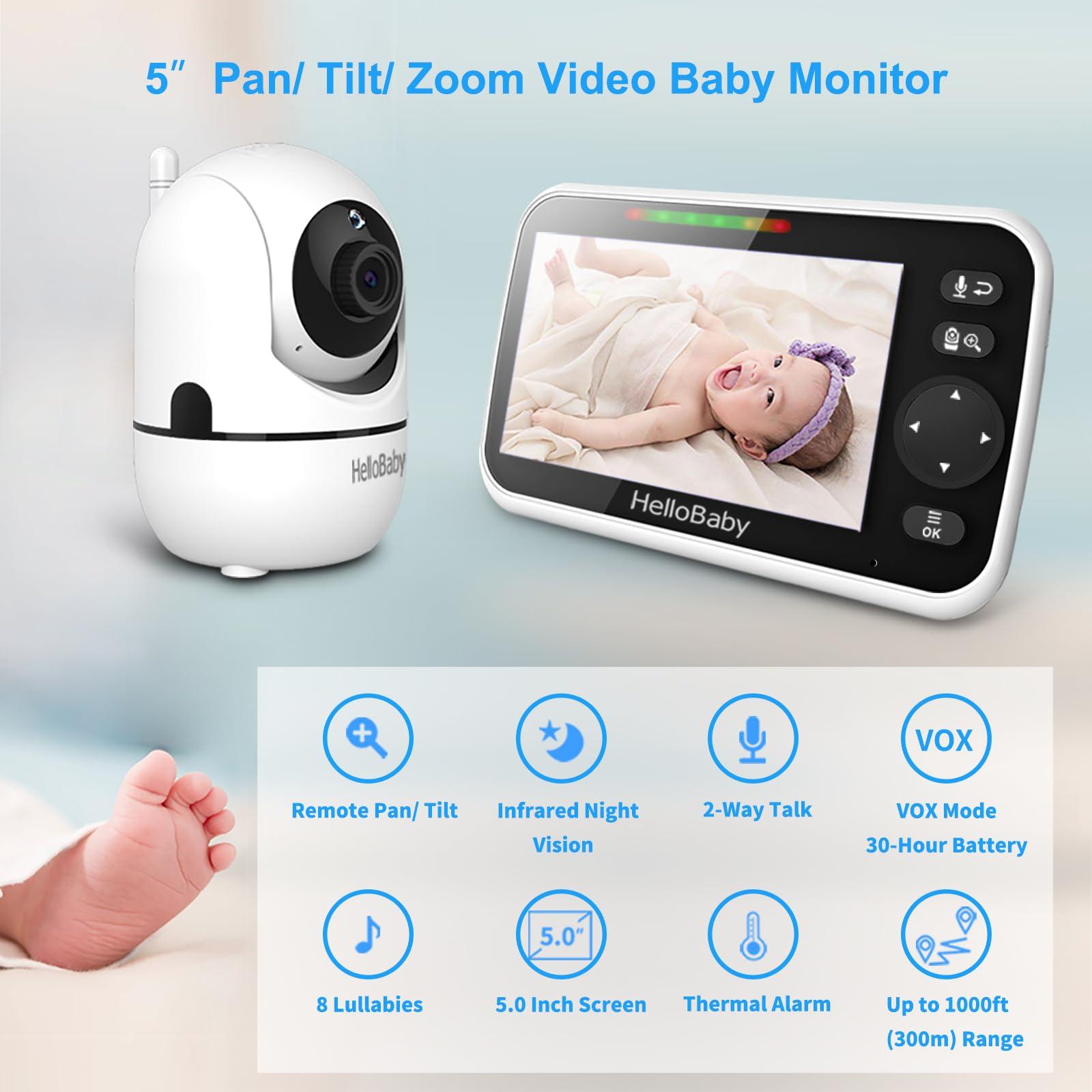 HelloBaby No WiFi Baby Monitor 5" Screen 30-Hour Battery Pan-Tilt-Zoom Video Upgrade with Camera and Audio, Night Vision, VOX, 2-Way Talk, 8 Lullabies and 1000ft Range, Father's Day for New Dad - Image 2