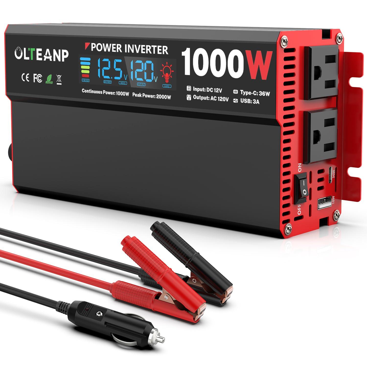 OLTEANP 1000 Watt Power Inverter 12V DC to 110V/120V AC Car Inverter with LCD Screen Display, 2 AC Outlets, 36W Type-C Port, 5V/3A USB Port, Car Power Converter for Truck, Home, Vehicles, Laptop, Trip