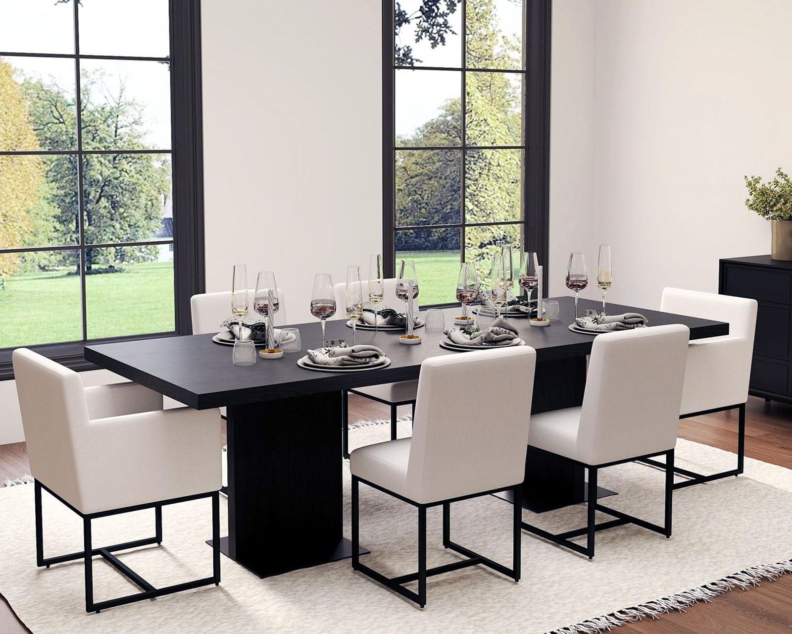 HNY Kitchen & Dining Room Chairs Set of 2, Linen Fabric Mid Century Modern Dining Chairs, Upholstered Dining Chairs with Black Finish Metal Frame, Cream, 2 PC - Image 6