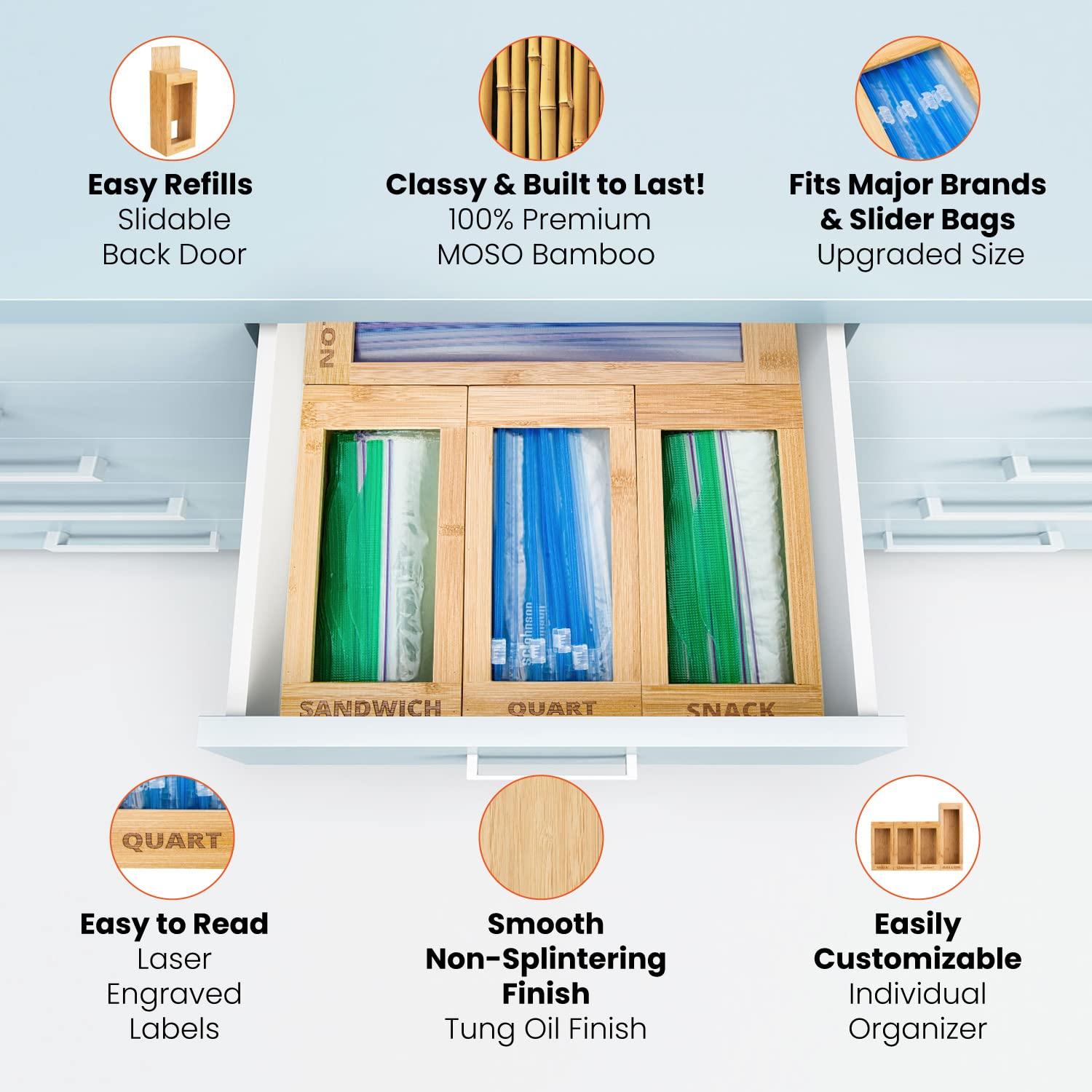 mHomeAid Bag Storage Organizer - Bamboo Food Plastic Baggie Holder, Dispenser, and Container for Kitchen Drawer - Fits Ziplock and Ziploc Gallon, Quart, Sandwich & Snack Sized Slider Bags (Bamboo) - Image 6