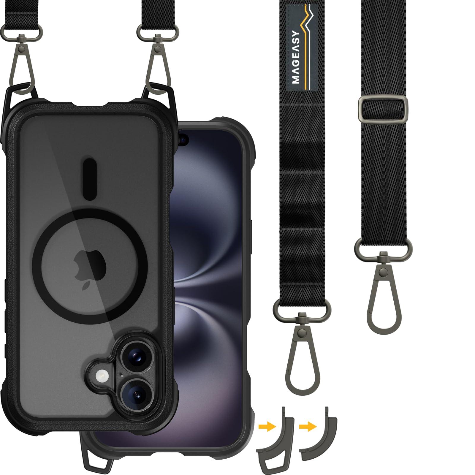 MAGEASY Designed for iPhone 16 Case with Strap - 20ft Ultimate Drop Protection Compatible with MagSafe, Transformable Protective & Lanyard Case, Vegan Leather Frame | Odyssey Strap M (Leather Black)