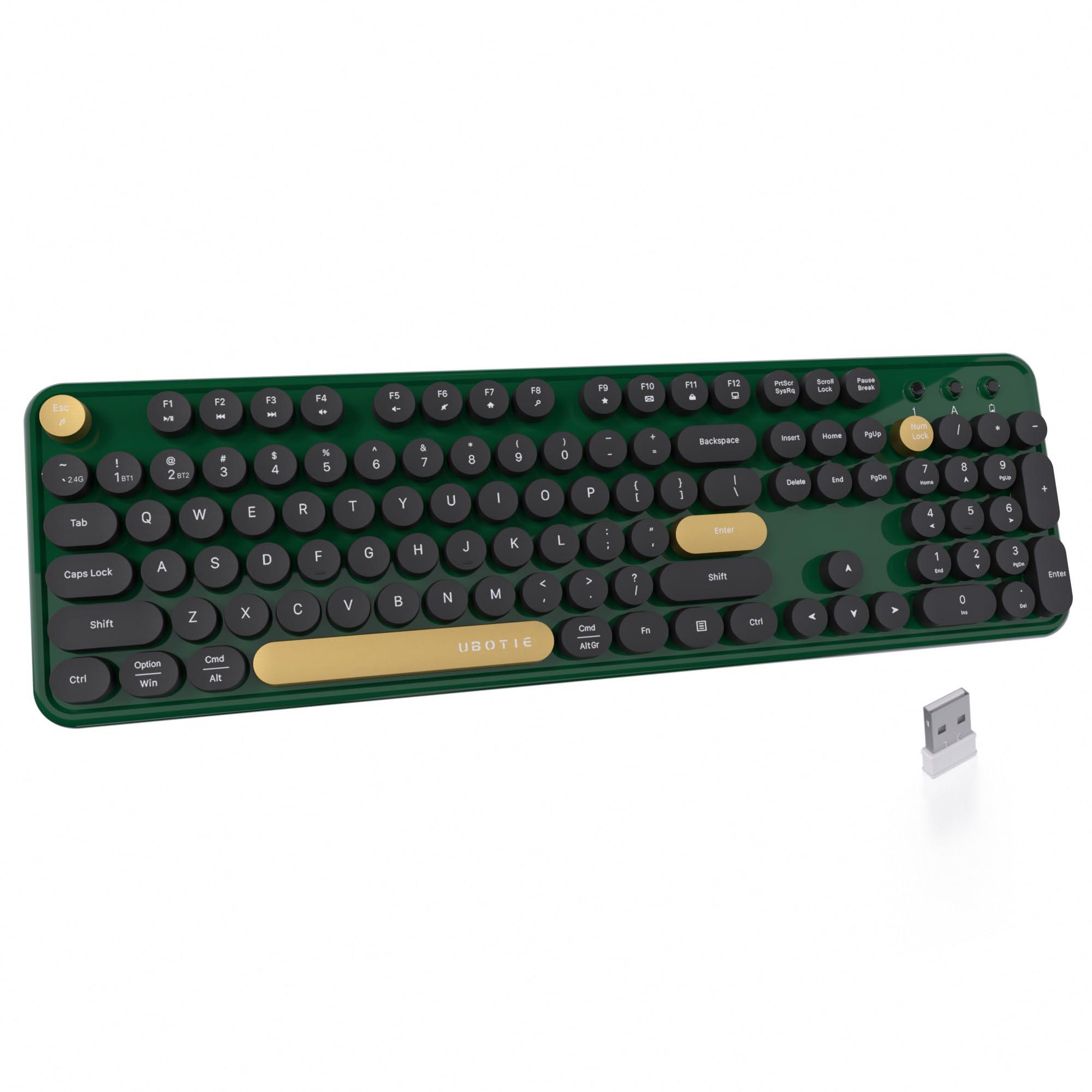 UBOTIE Dual Mode Colorful Wireless Keyboard, Bluetooth and USB Receiver Retro Typewriter Round Keycaps Keyboard Support Multi Devices for PC Laptop Tablet Phones(Dark-Green)