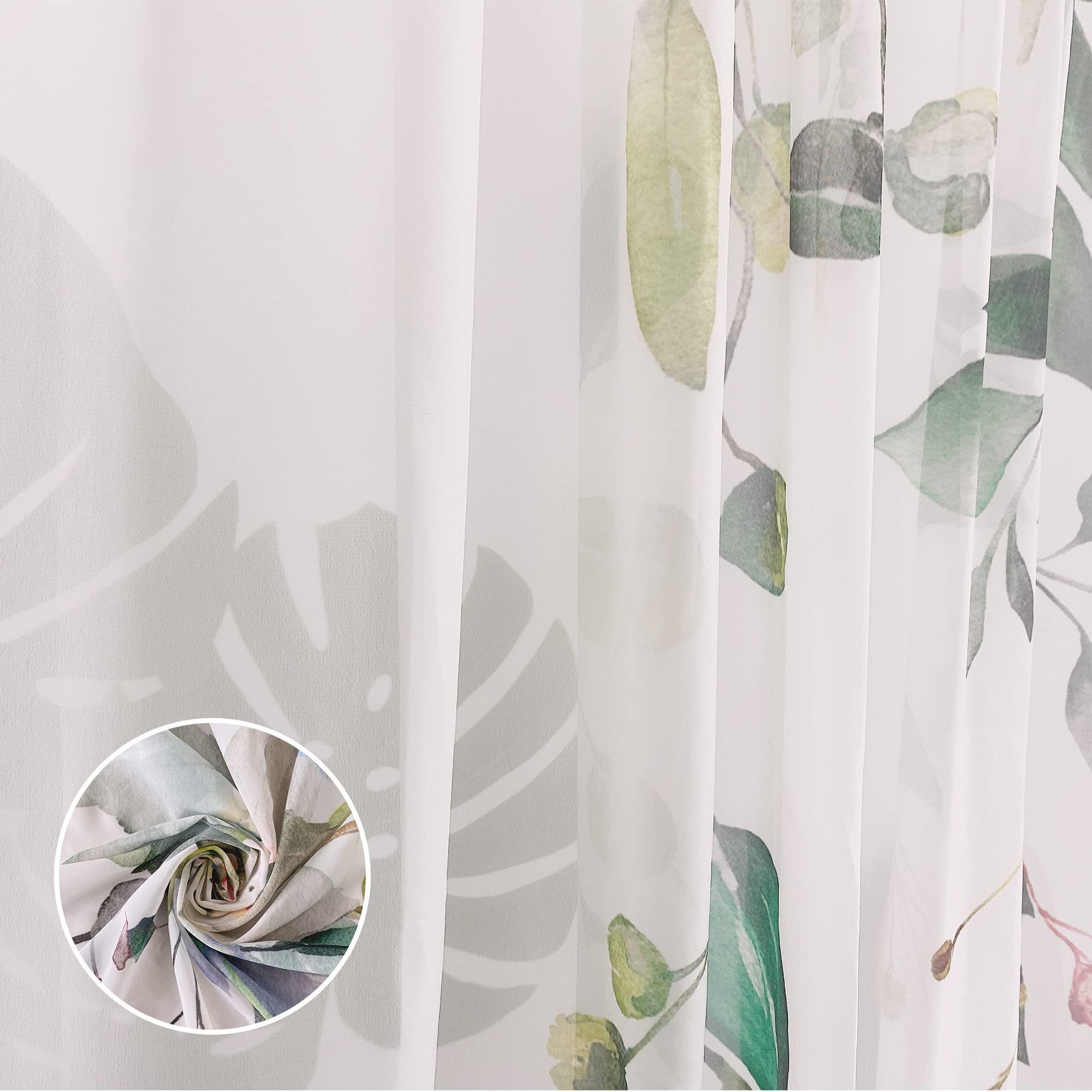 Fereyis Green Eucalyptus Leaves Sheer Curtains for Living Room 84 inch Length 2 Panels Set Elegant Wild Flower Floral Spring Printed Window Curtain Natural Chiffon Drapes for Bedroom - Image 6