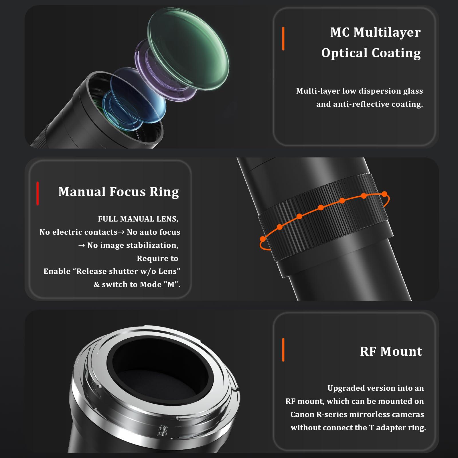 BENOISON Telephoto Lens for Canon - RF Lens 420-800mm Manual Focus MF Zoom Lens for Canon EOS R, Ra, RP, R3, R5, R5 C, R6, R6 Mark II, R7, R8, R10, R50, R100 Mirrorless - Image 6