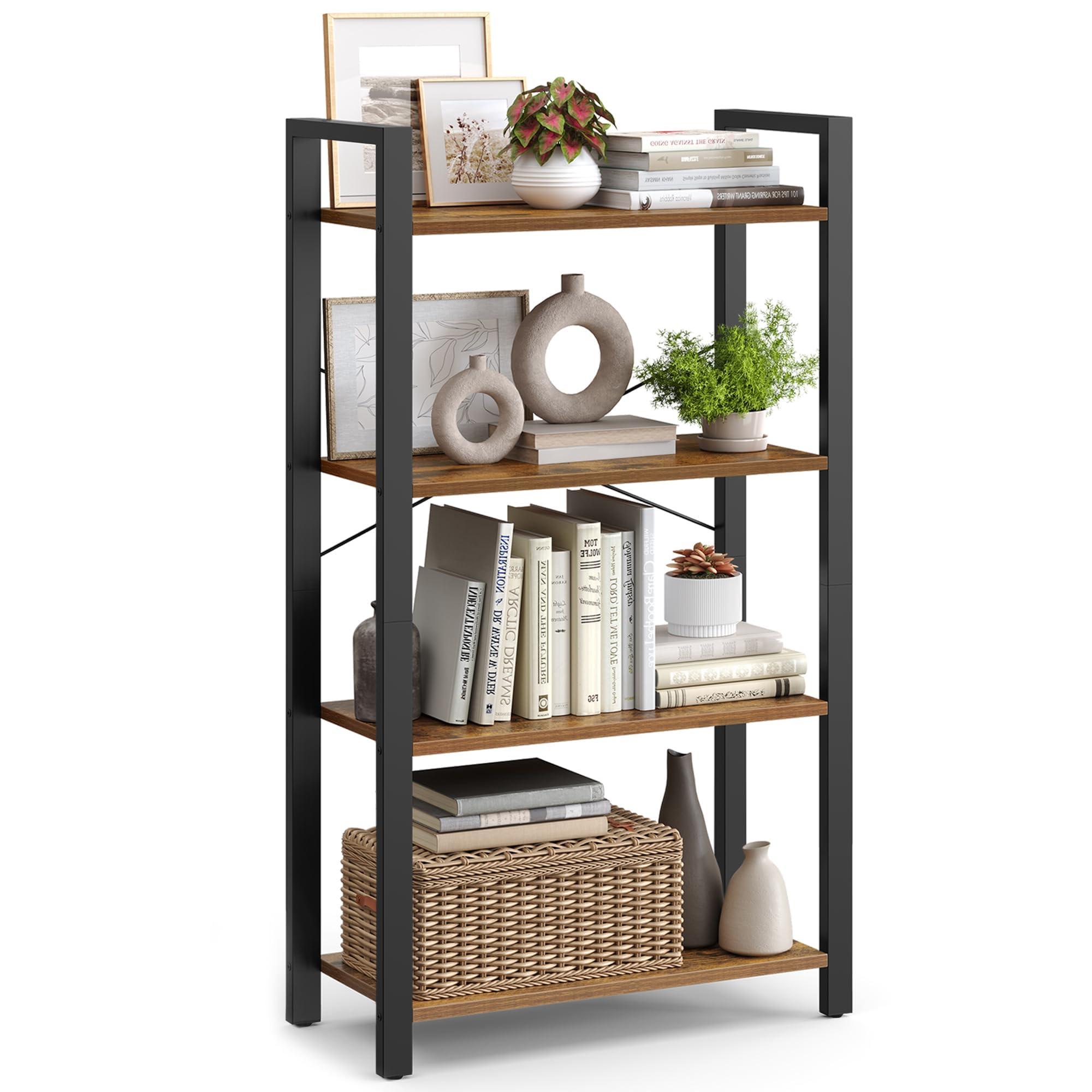 VASAGLE 4-Tier Bookshelf, Bookcase with Steel Frame, Book Shelf for Living Room, Home Office, Study, 11.8 x 26 x 47 Inches, Industrial Style, Rustic Brown and Ink Black ULLS60BX