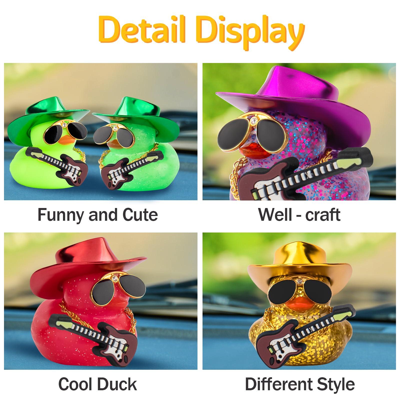 wonuu Car Decorations Laser Cowboy Hat Rubber Ducks, Dashboard Rubber Ducky for Car Ornament Cute Duck with Hat, Glasses, Necklace, Guitar (Glitter Purple) - Image 4