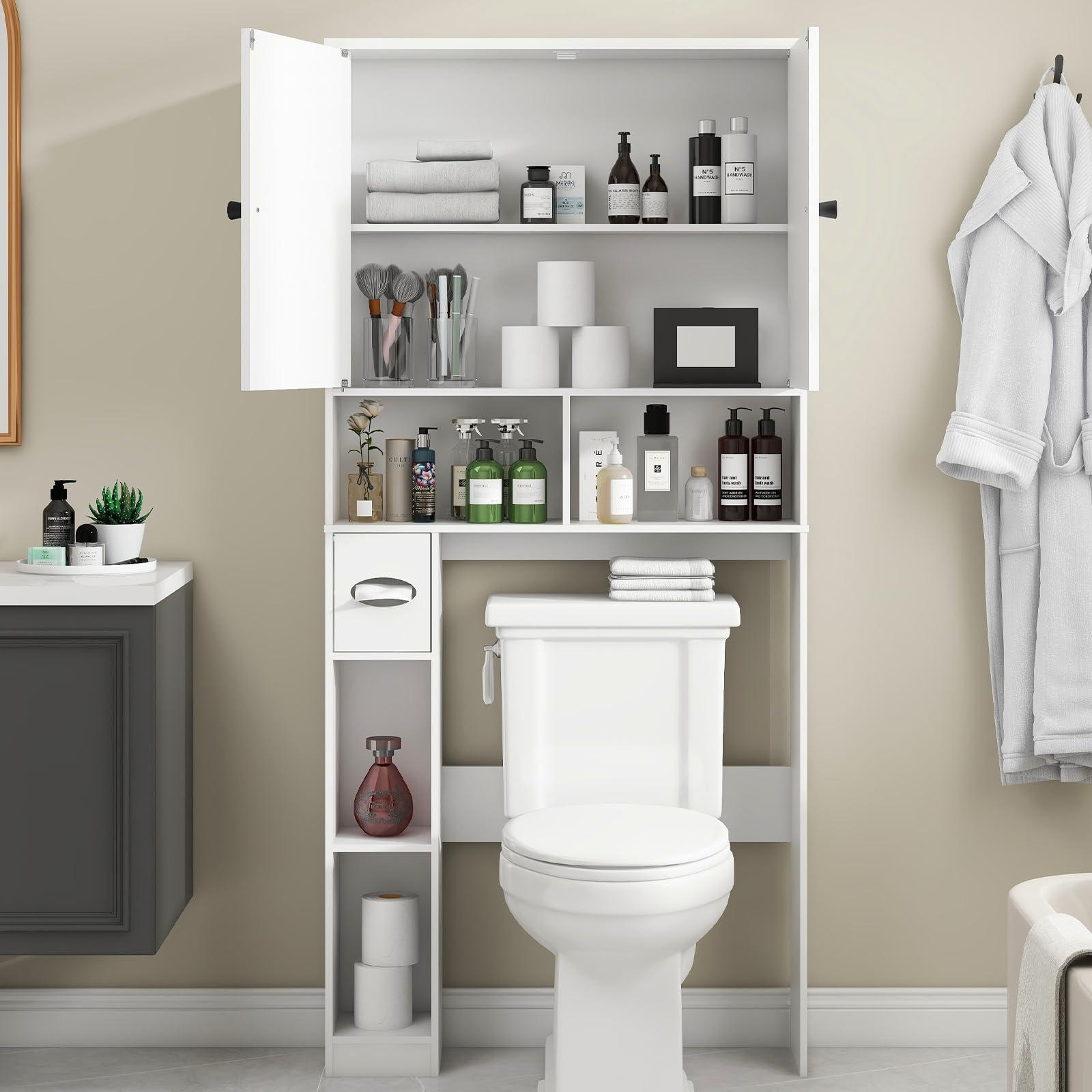 Vabches Over The Toilet Storage Cabinet, Rattan Storage Cabinet Over Toilet with 2 Doors & Toilet Paper Holder Stand, Freestanding Toilet Shelf Space Save with Anti-Tip Design Adjustable Shelf, White - Image 3