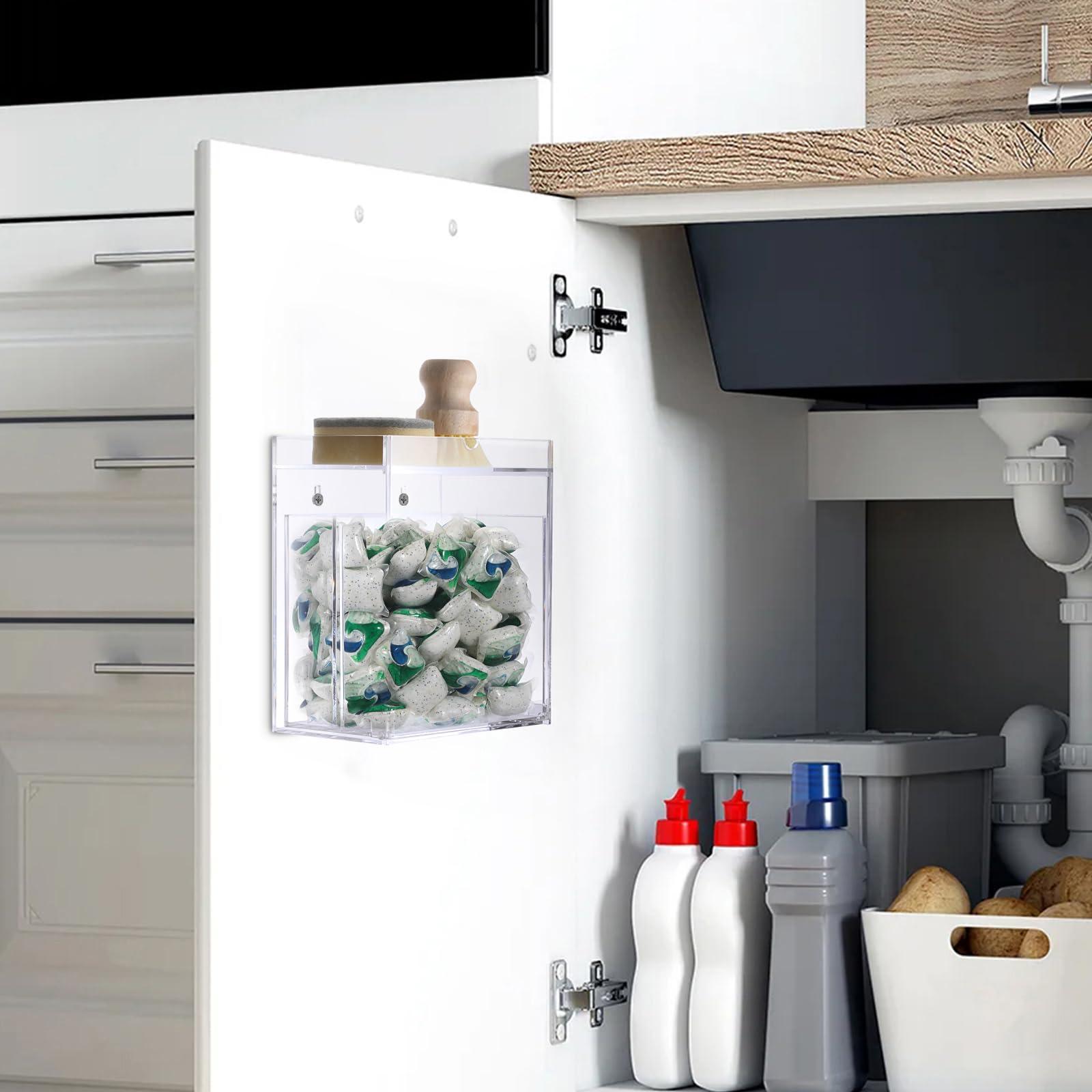 Sumnacon Dishwasher Pods Container Flip-over Laundry Pods Container withTray for Laundry Room Organization Wall Mounted Dishwasher Pod Holder for Kitchen Sink Acrylic Container for Candy,Dry Ball - Image 2