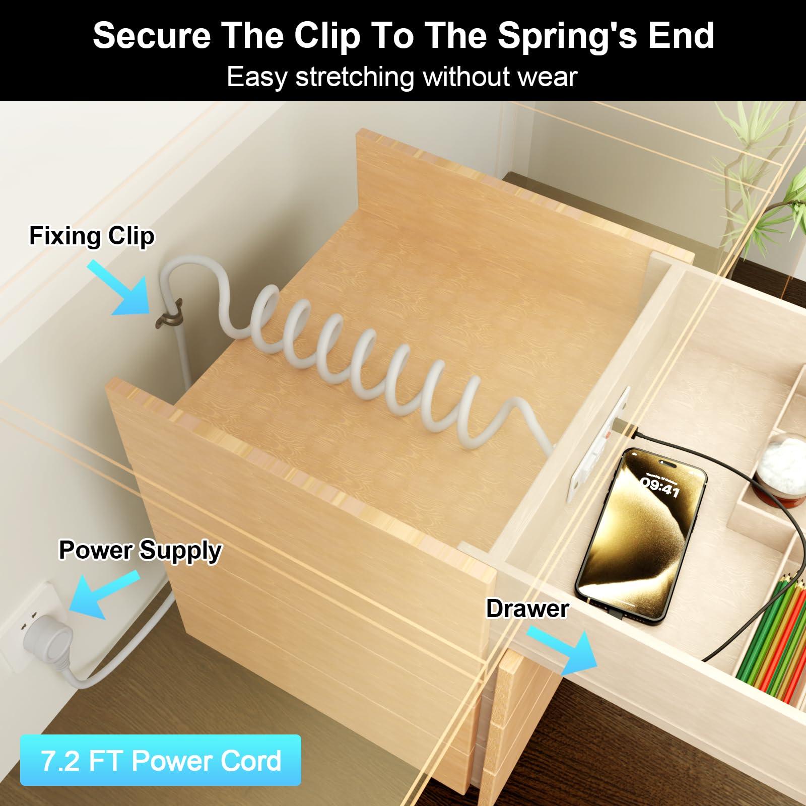 Drawer Outlet Kit, Recessed Furniture Power Strip with Overload Protection Switch, PD 20W Fast Charging, Clutter-Free Drawer Socket with 4 Power Outlets, 7.2 FT Power Cord, Spring Cable, UL Listed - Image 3