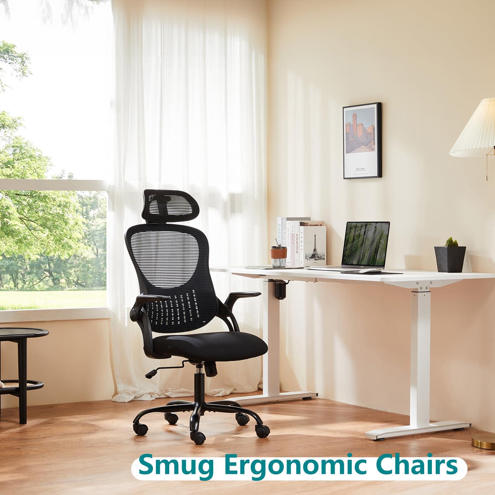 SMUG Home Office Desk Chair, Ergonomic Computer Managerial Executive Chairs High-Back Work Swivel Task Chairs with Wheels, Lumbar Support, Comfy Flip-up Armrest for Gaming, Study, Student, Black - Image 4