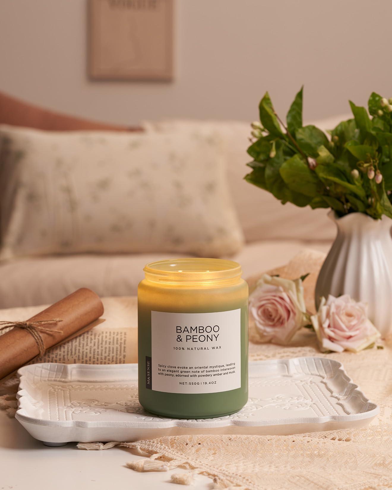 M&SENSE Bamboo Peony Spring Large Candles for Home Scented 19.4oz 110 Hour Long Lasting Burn Natural Organic Soy Candle Gifts for Women, Fresh Smelling Aromatherapy Gifts for Stress Relief - Image 6