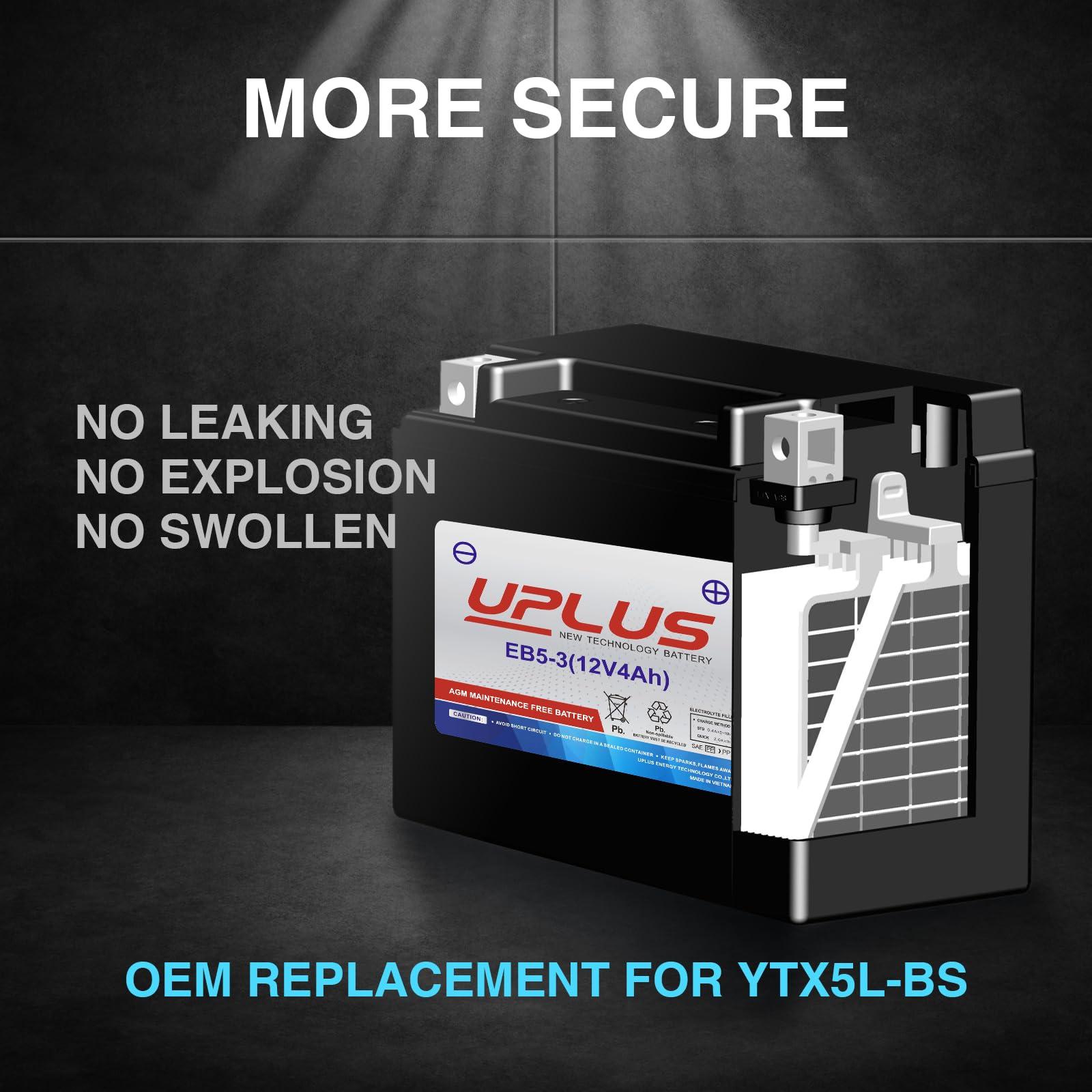 UPLUS YTX5L-BS ATV Motorcycle Battery, EB5-3 Maintenance Free 12V 4Ah SLA Batteries Scooter AGM Battery, Replacement for GTX5L-BS, ETX5L-BS, CTX5L-BS, BTX5L-BS, PTX5L-BS, AGM12-5, YTZ5S-BS - Image 5