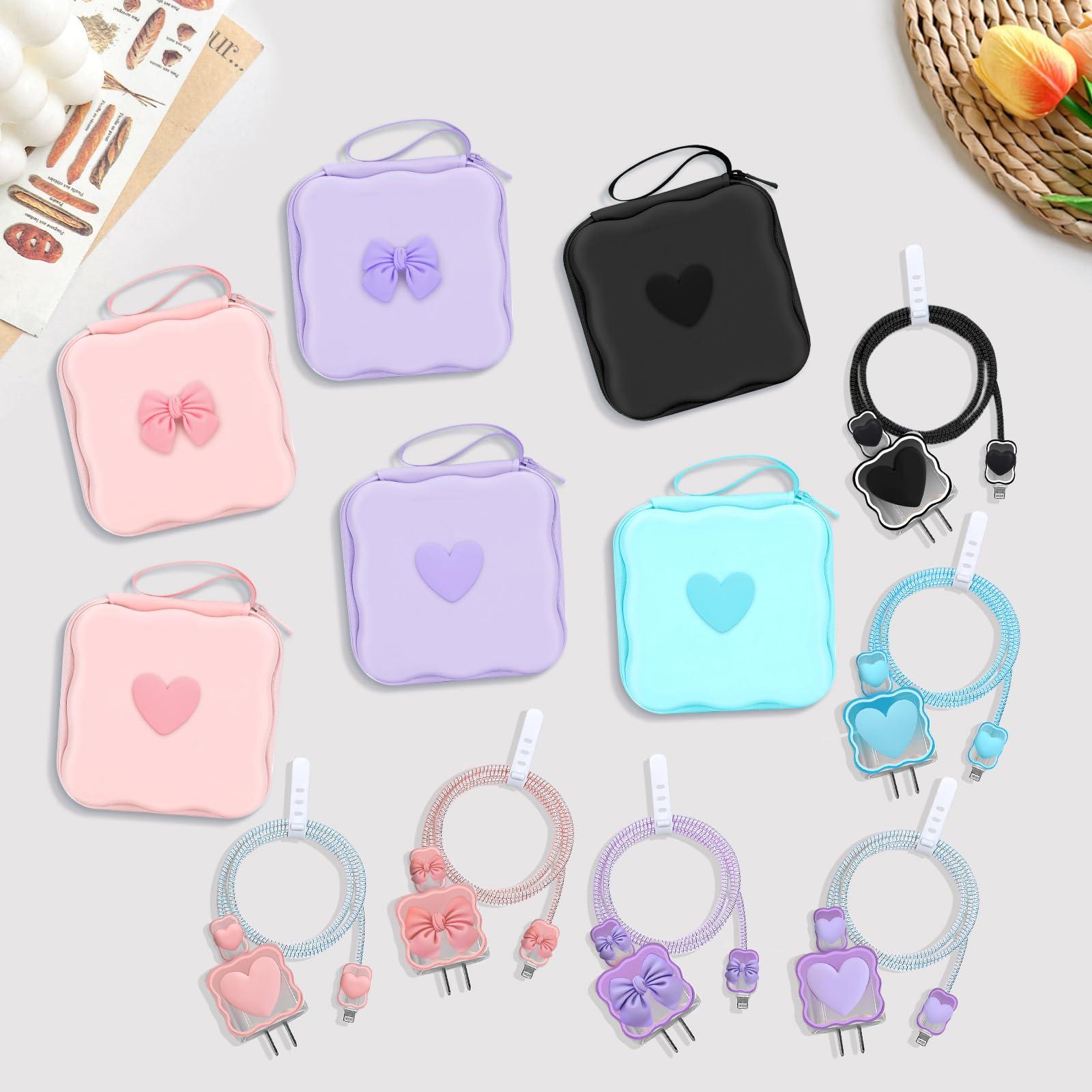 CameCosy DIY Phone Charger Case Storage Sets Cable Protector Earphone Wire Saver with Wave Travel Storage Bag, Cute Cable Charger Protector Cord Organizer for iPhone (Black Love Heart) - Image 7