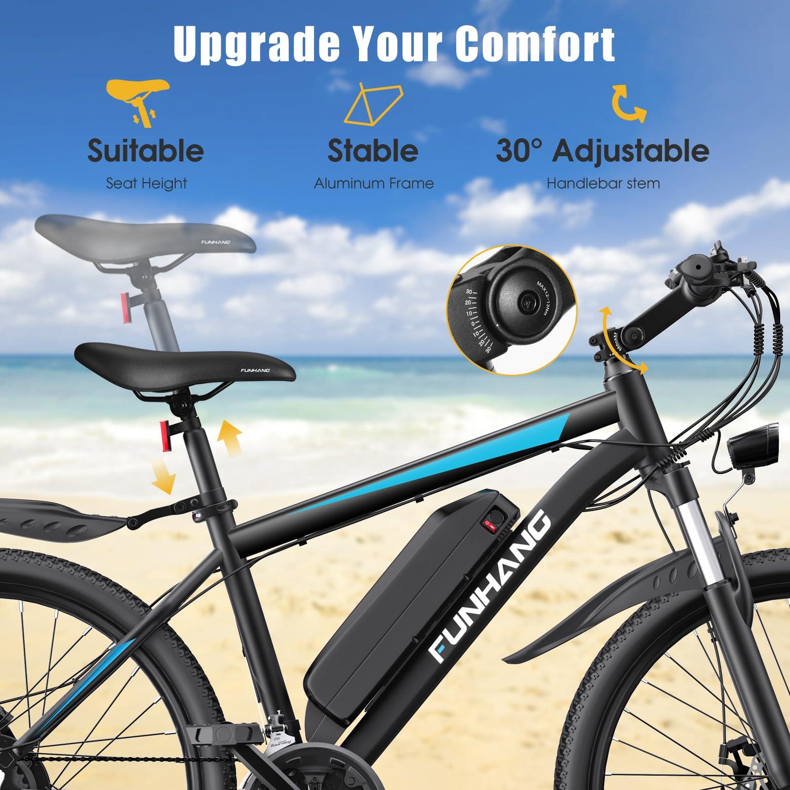 Funhang Electric Bike for Adults, Peak 1000W Ebike, 50Miles 21.7MPH Adult Electric Bicycles, 26" Electric Mountain Bike 48V 374.4WH Battery, Commuter E Bike with Adjustable Stem, Fenders, 21 Speed - Image 4