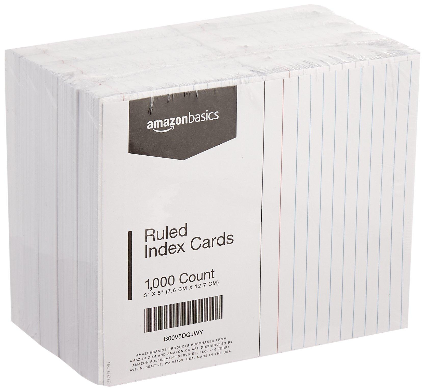 Amazon Basics Ruled Lined Index Cards, 1000 count, 10 Pack of 100, White, 3 in x 5 in