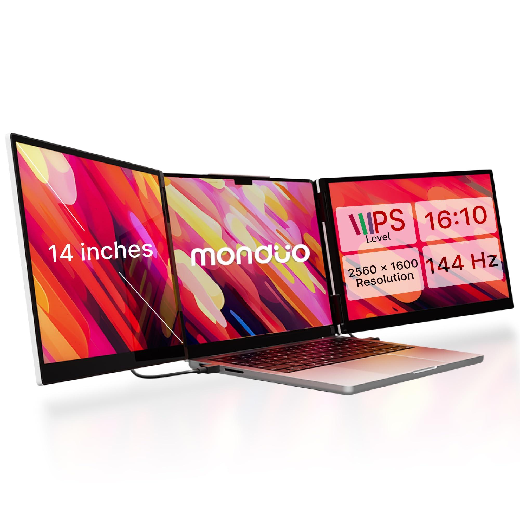 monduo 14" Pro Triple Laptop Glass Screen Extender, Dual 14" 2k Portable Monitors, 144Hz, 100% DCI-P3, 500 Nits, Aluminum Finish for 14" MacBook Pro & Windows, for Gaming, Creators, & Professional