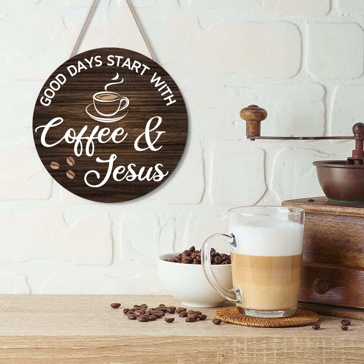 HMASYO Coffee Signs Decor for Coffee Bar, Good Days Start with Coffee & Jesus, Wood Farmhouse Wall Sign Coffee Bar Decor for Kitchen, Home, Office, Cafe, Coffee Station Housewarming Gift, 12'' x 12'' - Image 4