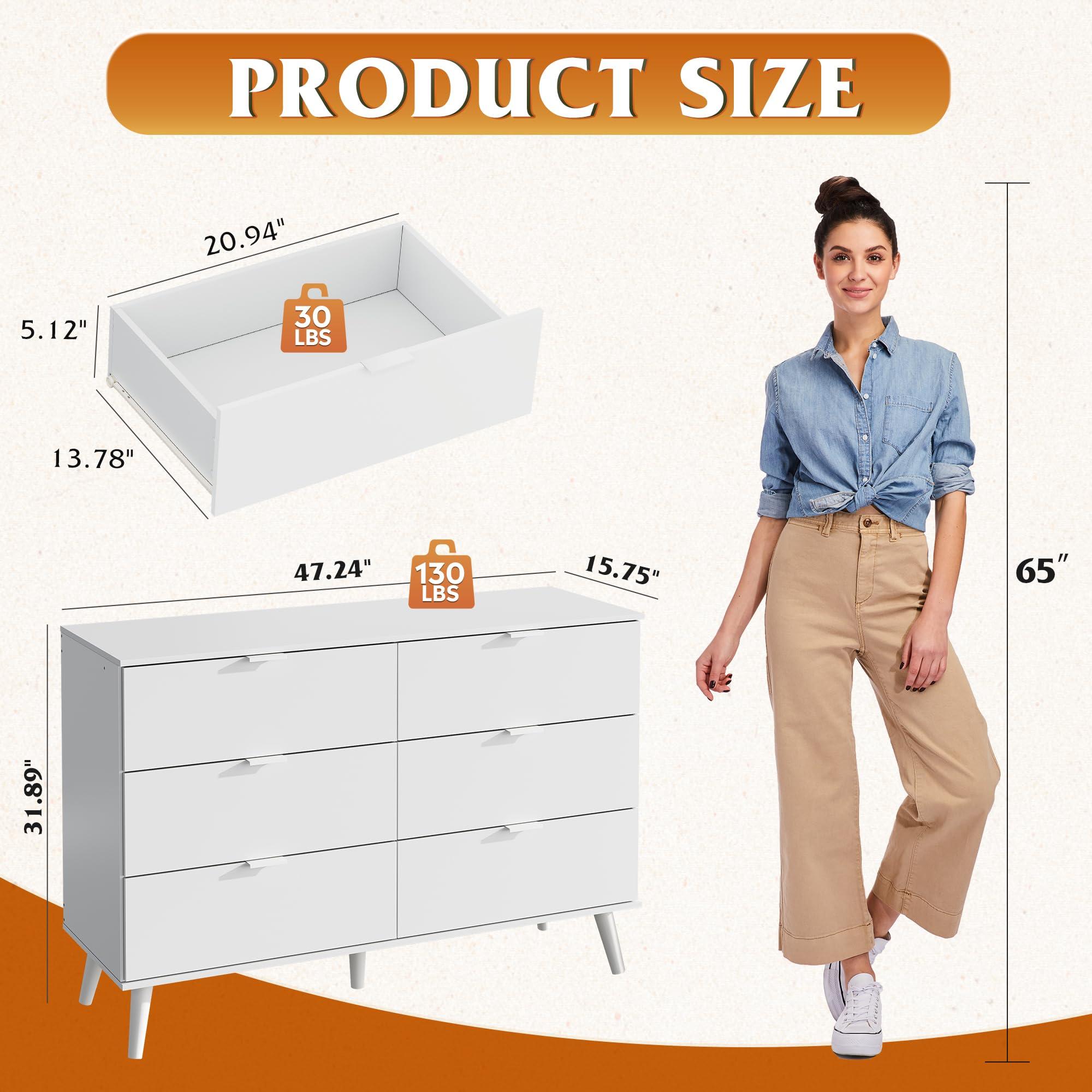 WLIVE 6 Drawer Dresser for Bedroom, 47.24'' Wide Wood White Dresser, Storage Organizer with Sturdy Metal Handle, TV Stand for 55 inch TV, Chest of Drawers for Living Room, Hallway, Closet - Image 3