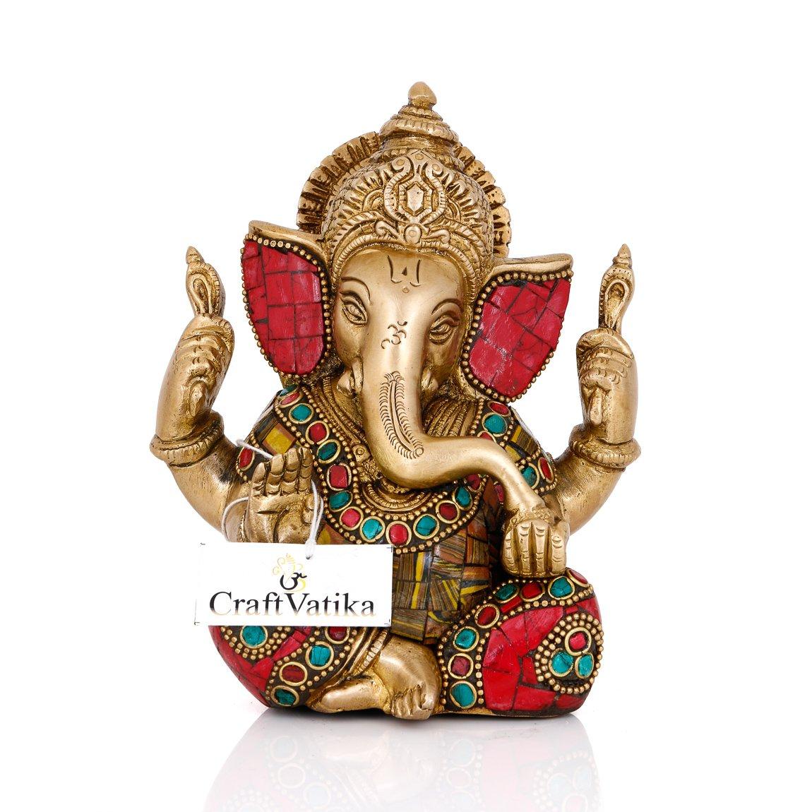 CraftVatika Lord Ganesha Brass Statue | Hindu God Ganesh Blessing Ganpati Sitting Idol Sculpture | Christmas & New Year Gifts for Family Friends
