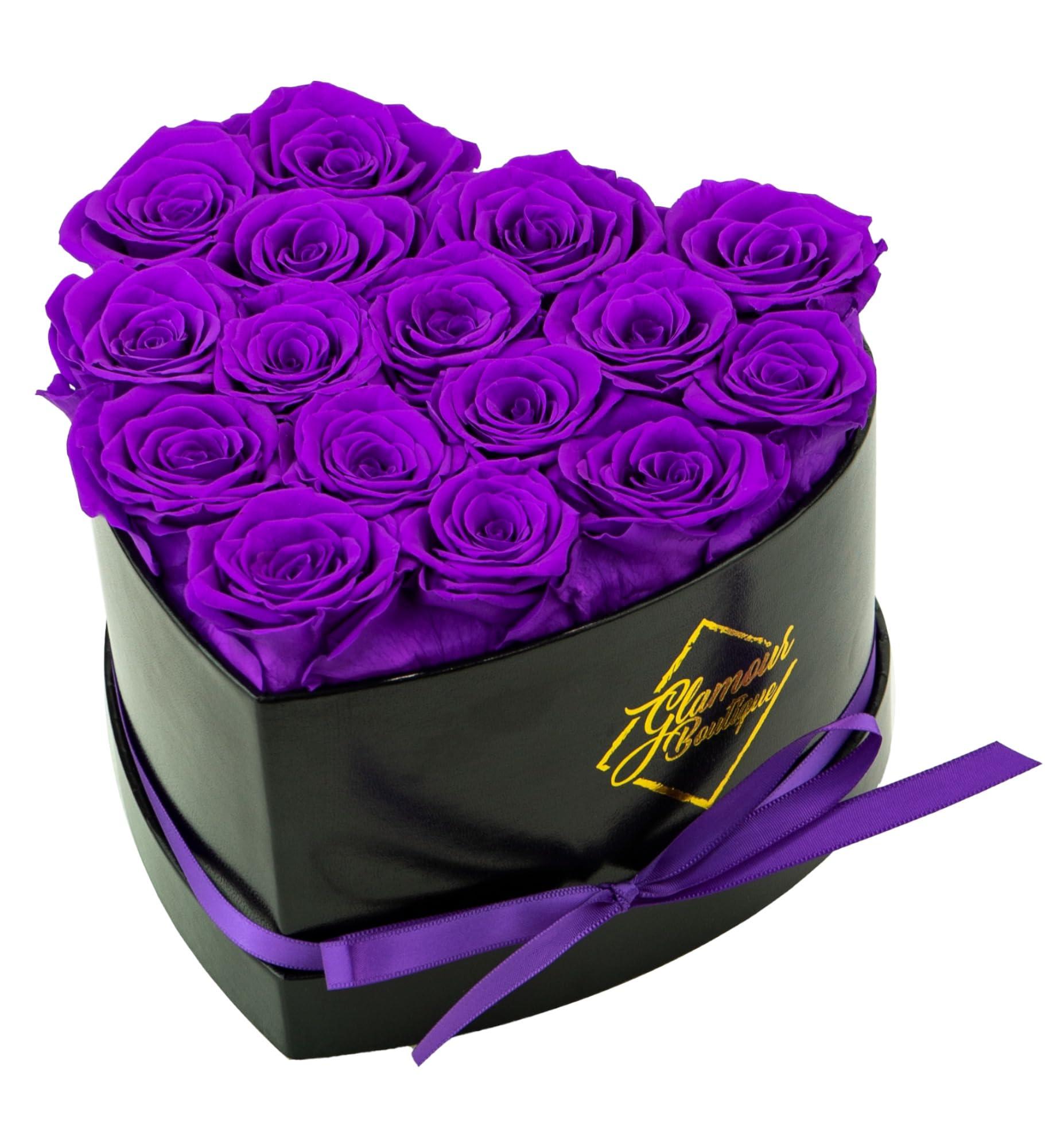 GLAMOUR BOUTIQUE 16 Flower Forever Heart Shape Box - Preserved Roses Gift for Her, Preserved Flowers, Purple