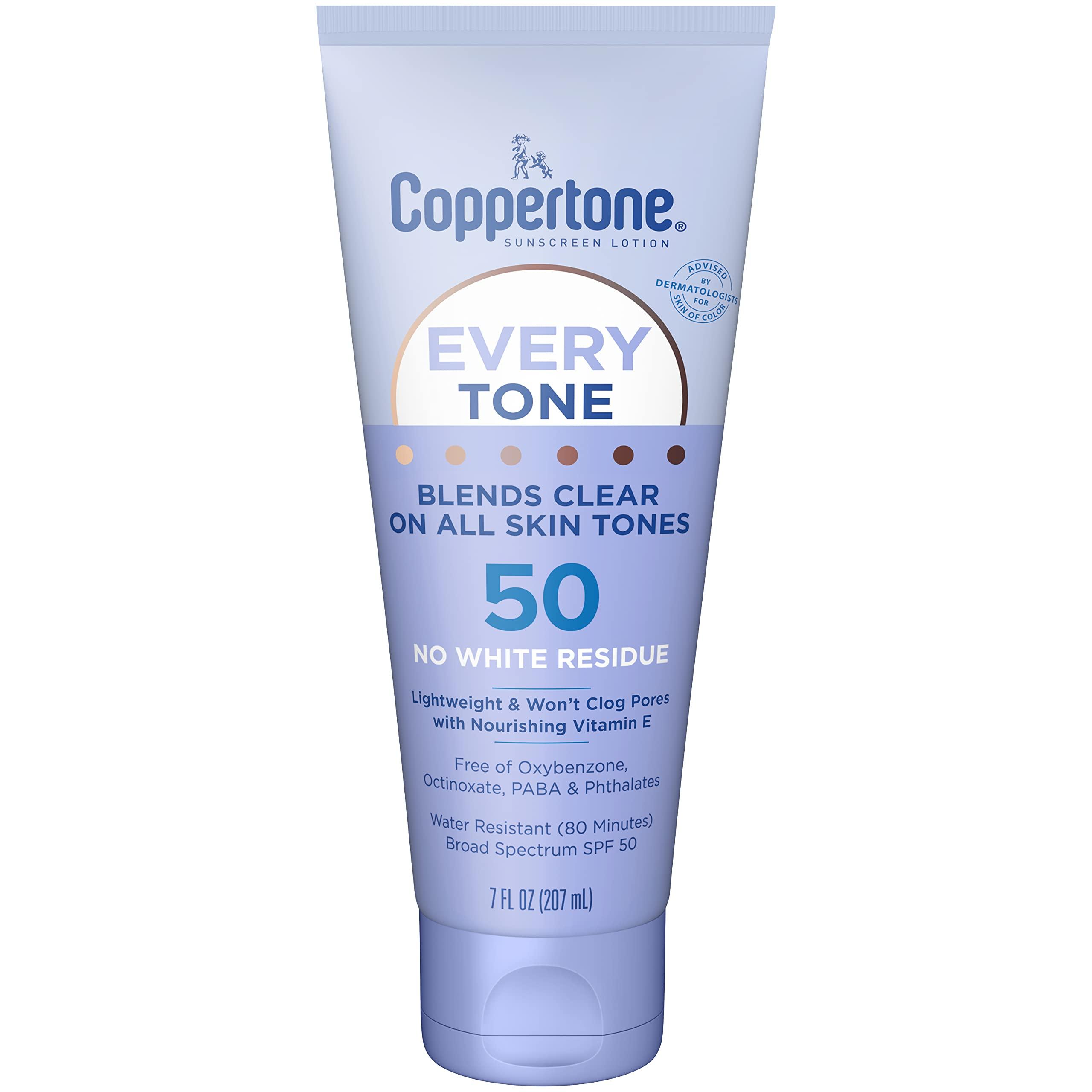 Coppertone Every Tone Sunscreen Lotion SPF 50, Lightweight, Rubs on Clear Sunscreen for All Skin Tones, Formulated with Nourishing Vitamin E, 7 Fl Oz Tube