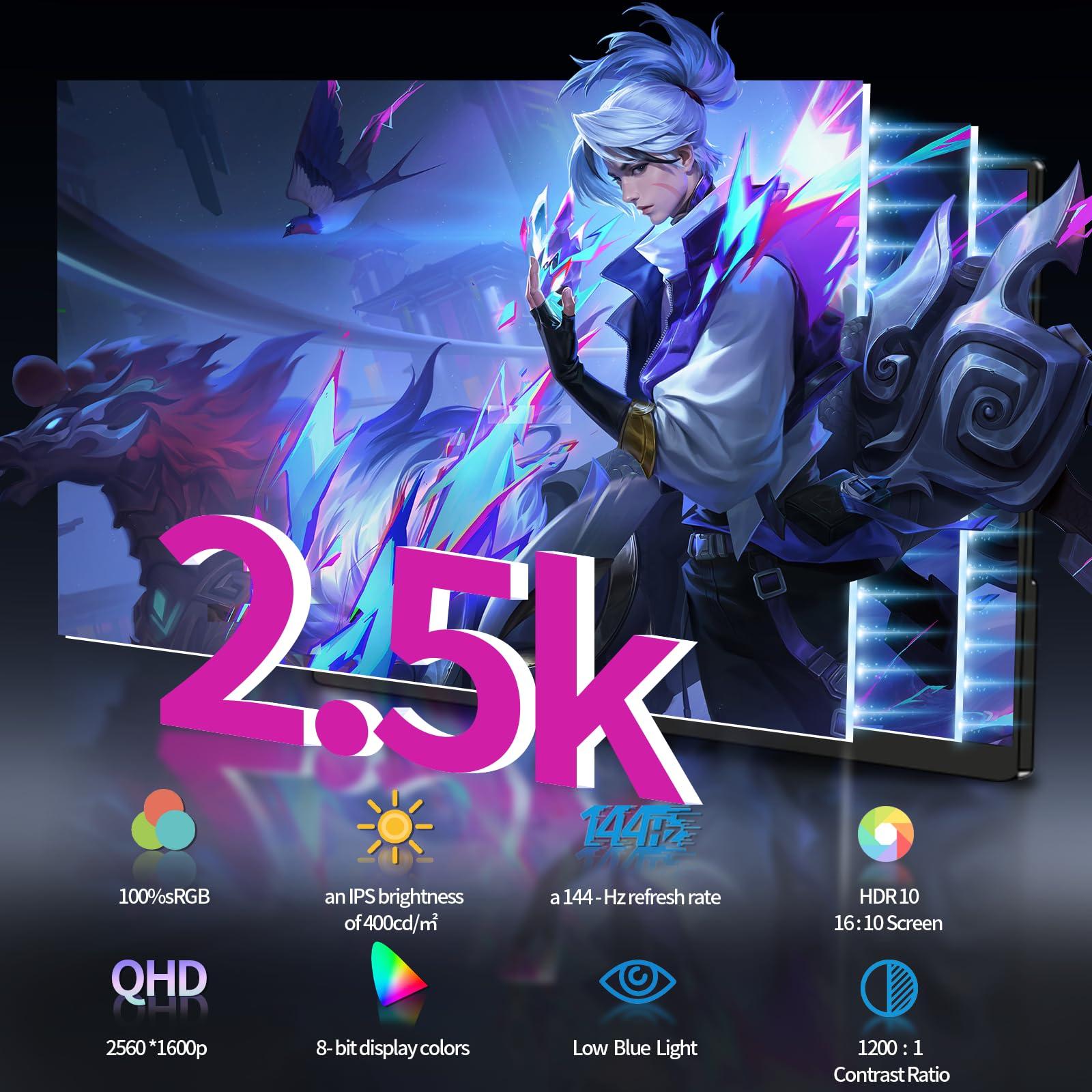 StarXnDa Portable-Monitor-14inch, 2560 * 1600p 2.5K Portable Gaming Monitor 144Hz Ultra-Slim 400Nits 100% sRGB HDR Portable Laptop Monitor with USB Type C HDMI Port Dual-Speakers - Image 2