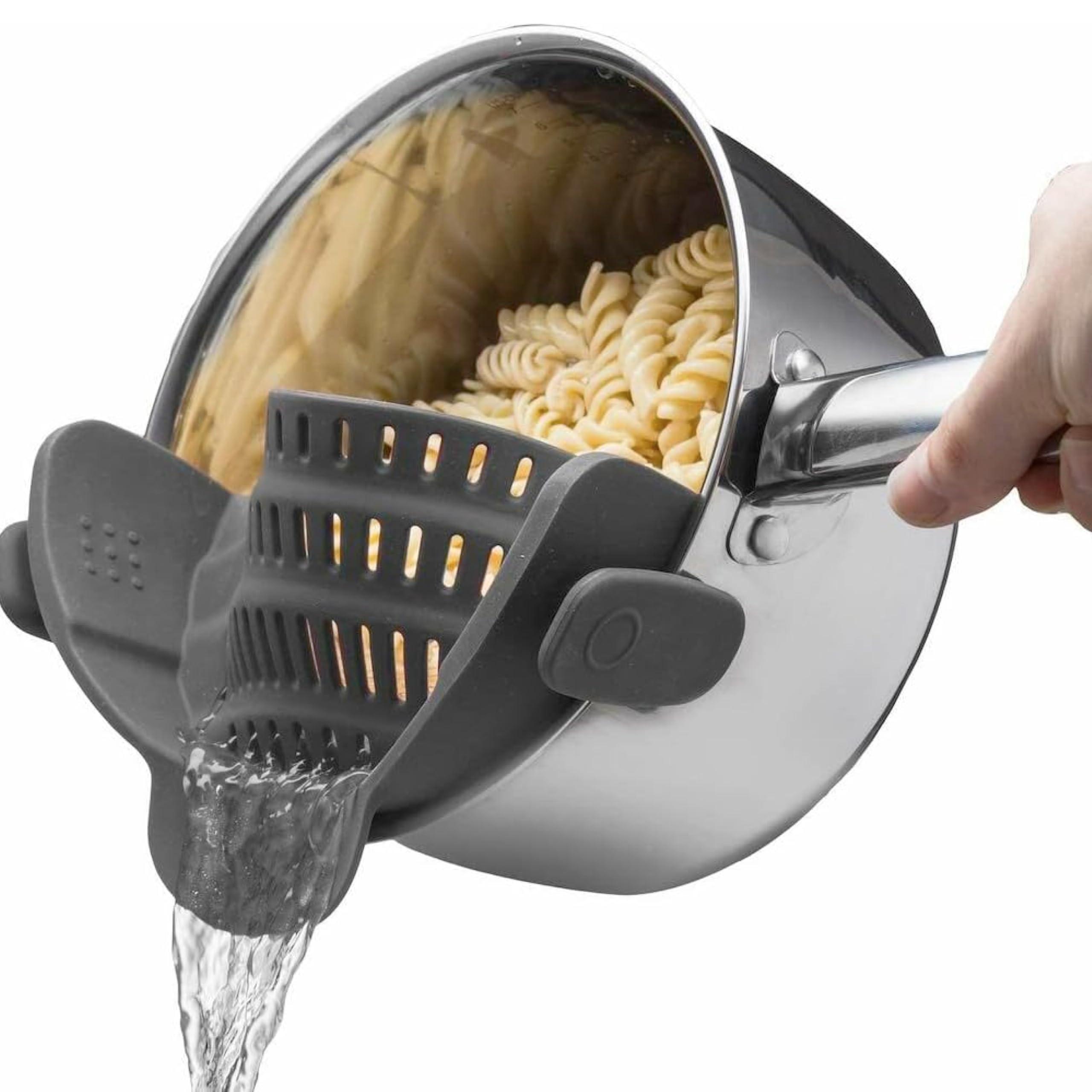Snap N' Strain Clip-On Pasta Strainer by Kitchen Gizmo - Silicone Colander for Pots and Pans - Heat Resistant Kitchen Essential - Cooking Gadgets for Home - Compact Design - Grey