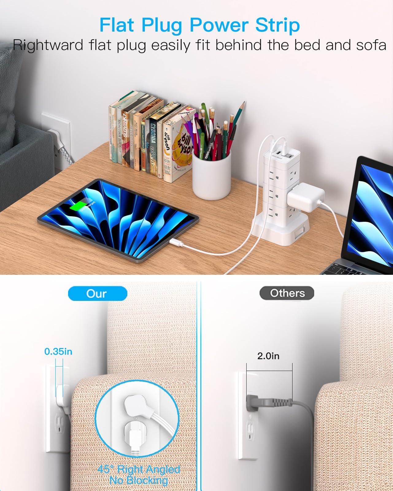 Surge Protector Power Strip Tower, 12 Outlets 4 USB (2 USB C), 6Ft Flat Plug Extension Cord with Multiple Outlets, Desktop Charging Station for Multiple Devices, Office Desk College Dorm Essentials - Image 3