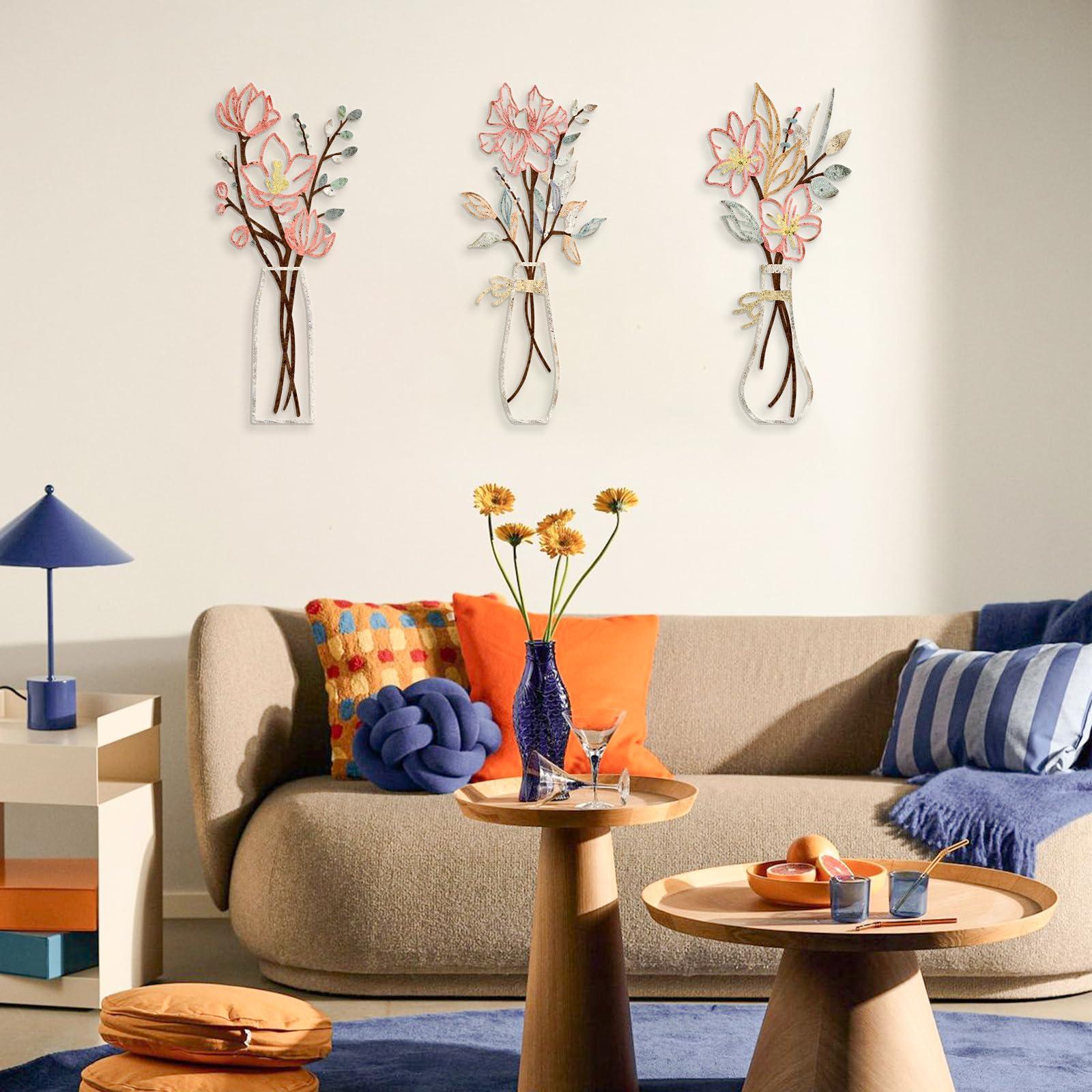 Zzbakress 3 Pcs Metal Flowers Wall Arts Rustic Farmhouse Decor Bathroom Wall Decor Dining Room Wall Decor Minimalist Decor Housewarming Gifts (Multicolored) - Image 2