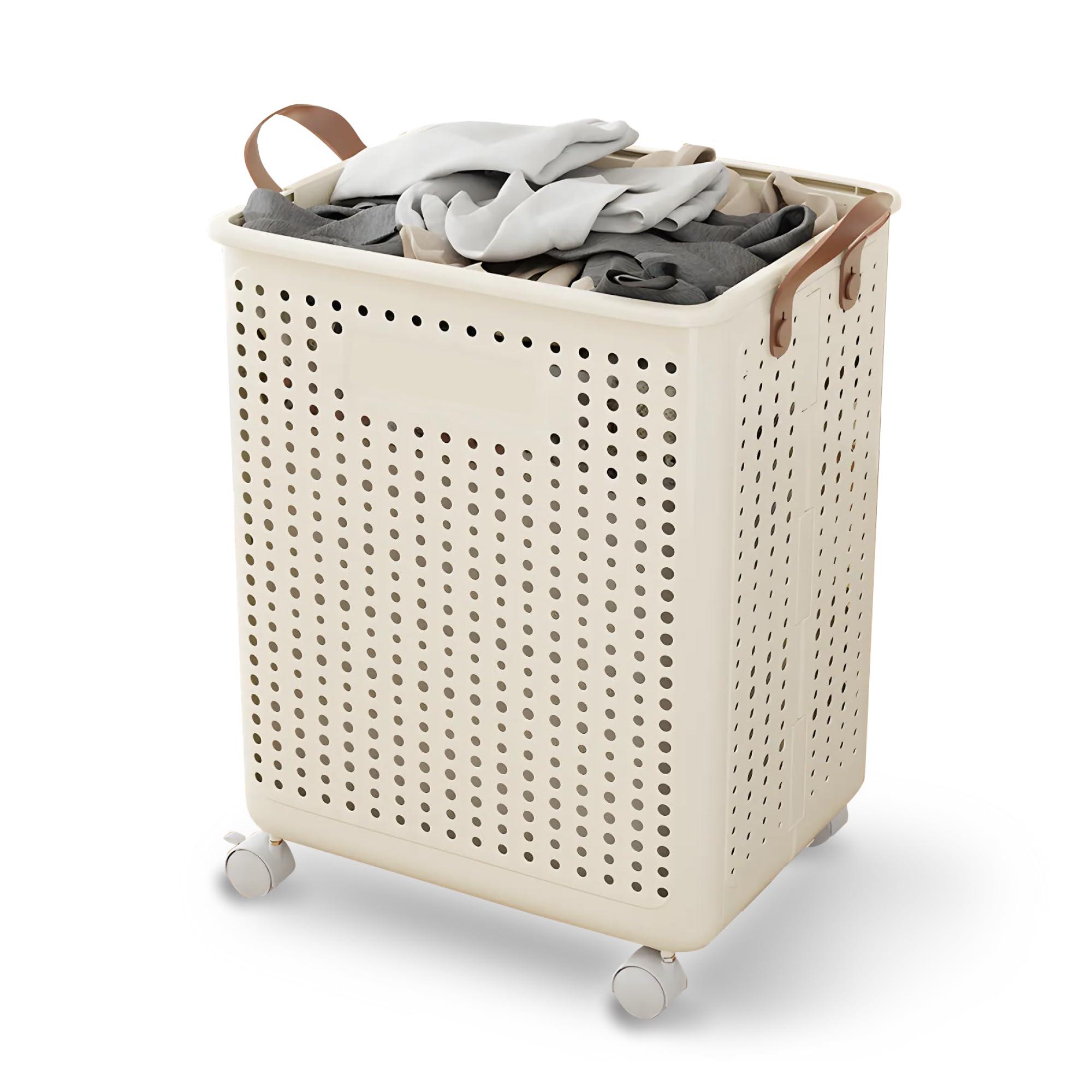 Large Laundry Basket with Wheels and Handles, 17 Gal (64L) Dirty Clothes Hamper, Foldable Design from Spacious to Slim Laundry Hamper, Rolling Laundry Basket for Bathroom, Bedroom, Dorm, Beige - Image 1
