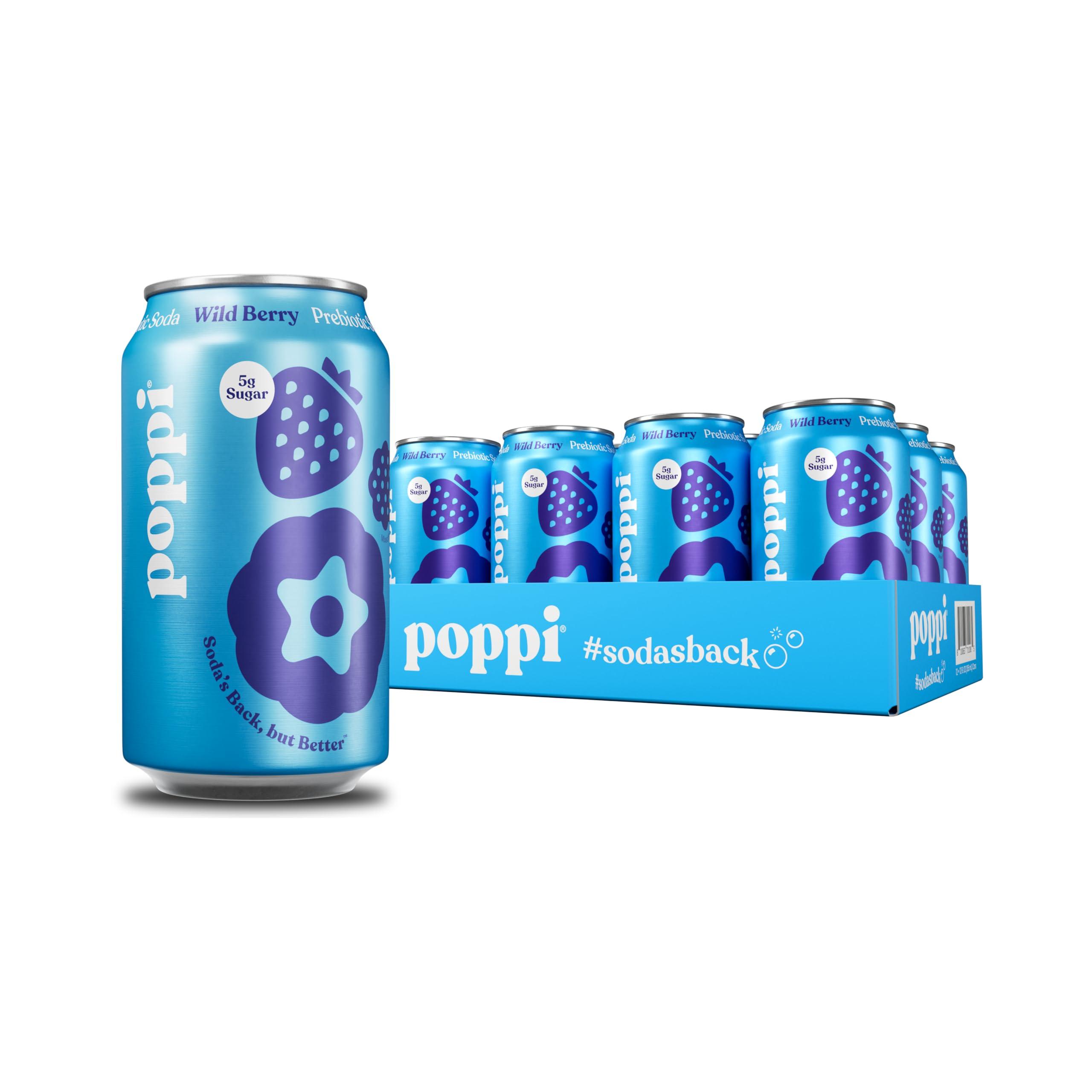 Poppi Sparkling Prebiotic Soda Beverage with Apple Cider Vinegar, Seltzer Water and Fruit Juice, Wild Berry Flavor, 12 oz, Pack of 12, Packaging May Vary