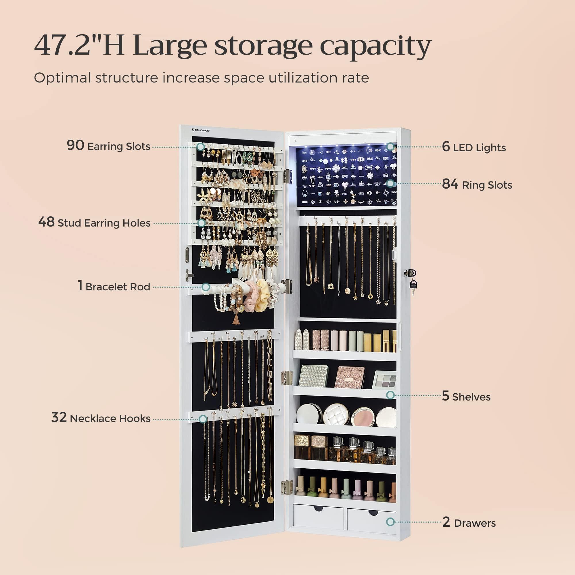SONGMICS 6 LEDs Mirror Jewelry Cabinet, 47.2-Inch Tall Lockable Wall or Door Mounted Jewelry Armoire Organizer with Mirror, 2 Drawers, 3.9 x 14.6 x 47.2 Inches, White UJJC93W - Image 6