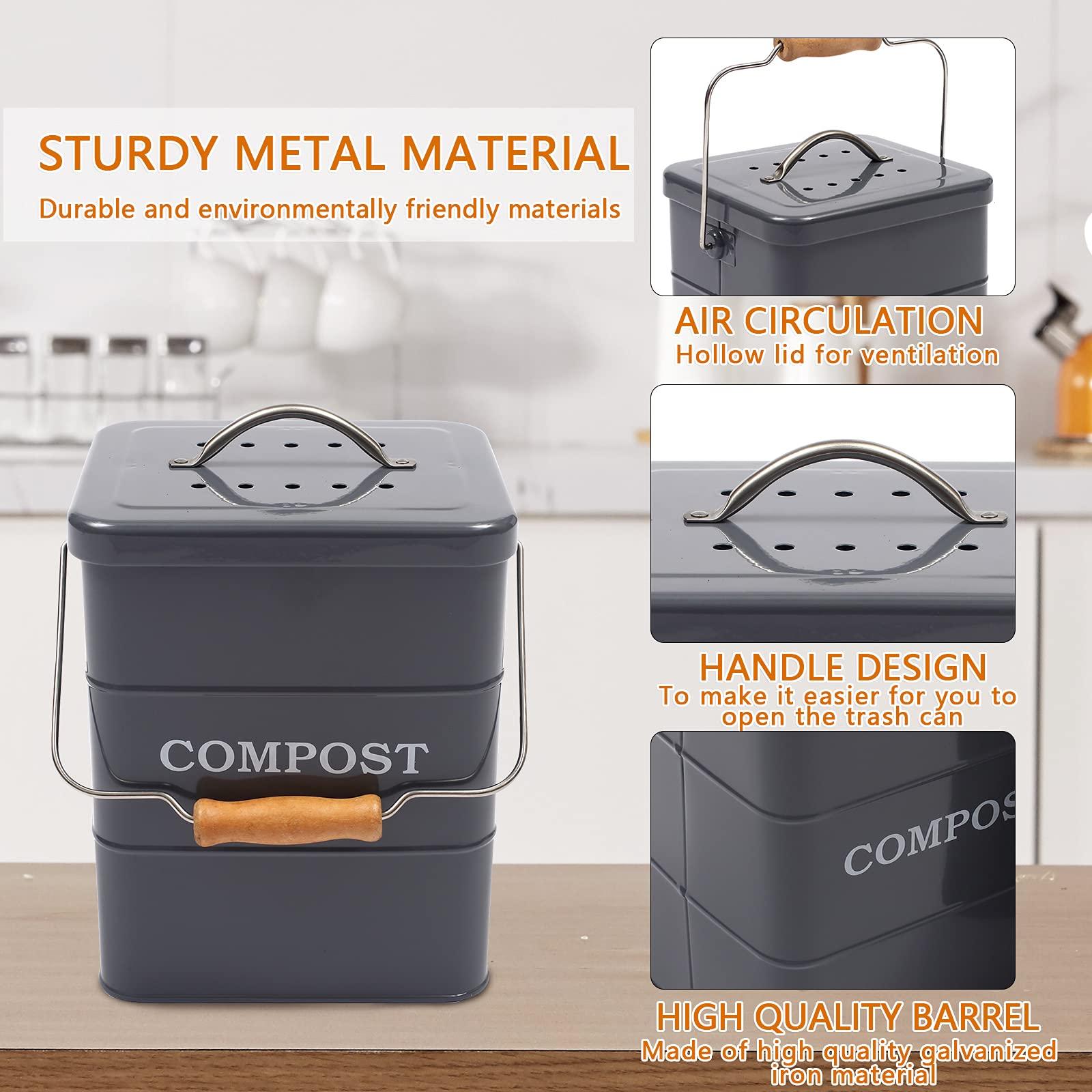 ayacatz Stainless Steel Compost Bin for Kitchen Countertop Compost Bin，1 Gallon, Kitchen Trash Can -Includes Charcoal Filter，Compost Bucket Kitchen Pail Compost with Lid-Gray - Image 3