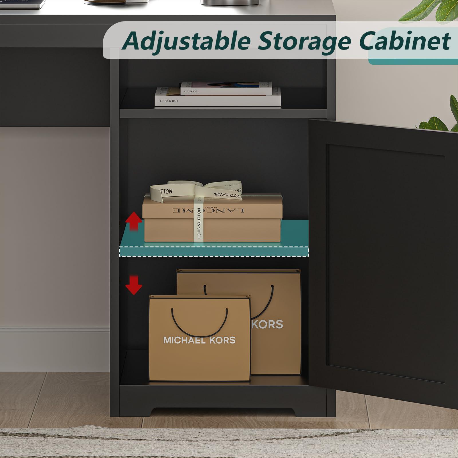YOMILUVE 63" Farmhouse L Shaped Desk with Drawers & Storage Shelf, Corner Computer Desk with Power Outlets for Home Office, Executive Desk with Monitor Stand, Printer Shelf, Black - Image 6