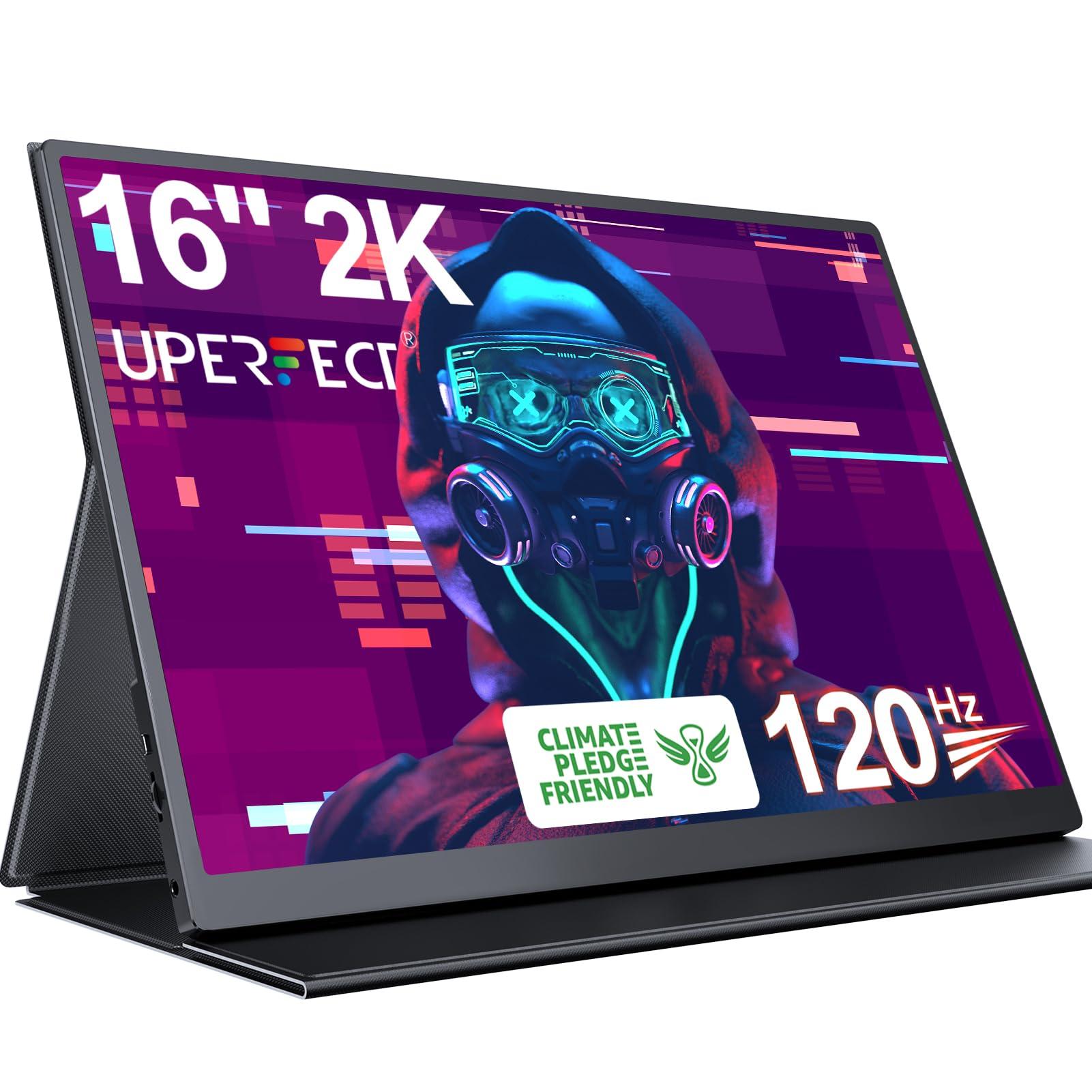 UPERFECT 2K 120Hz Portable Gaming Monitor, 16" 2560x1600 QHD 16:10 400 Nits 10 Bits Portable Monitor for Laptop w/VESA & Cover HDR FreeSync Eye Care External Second Screen for PC Phone Game Console