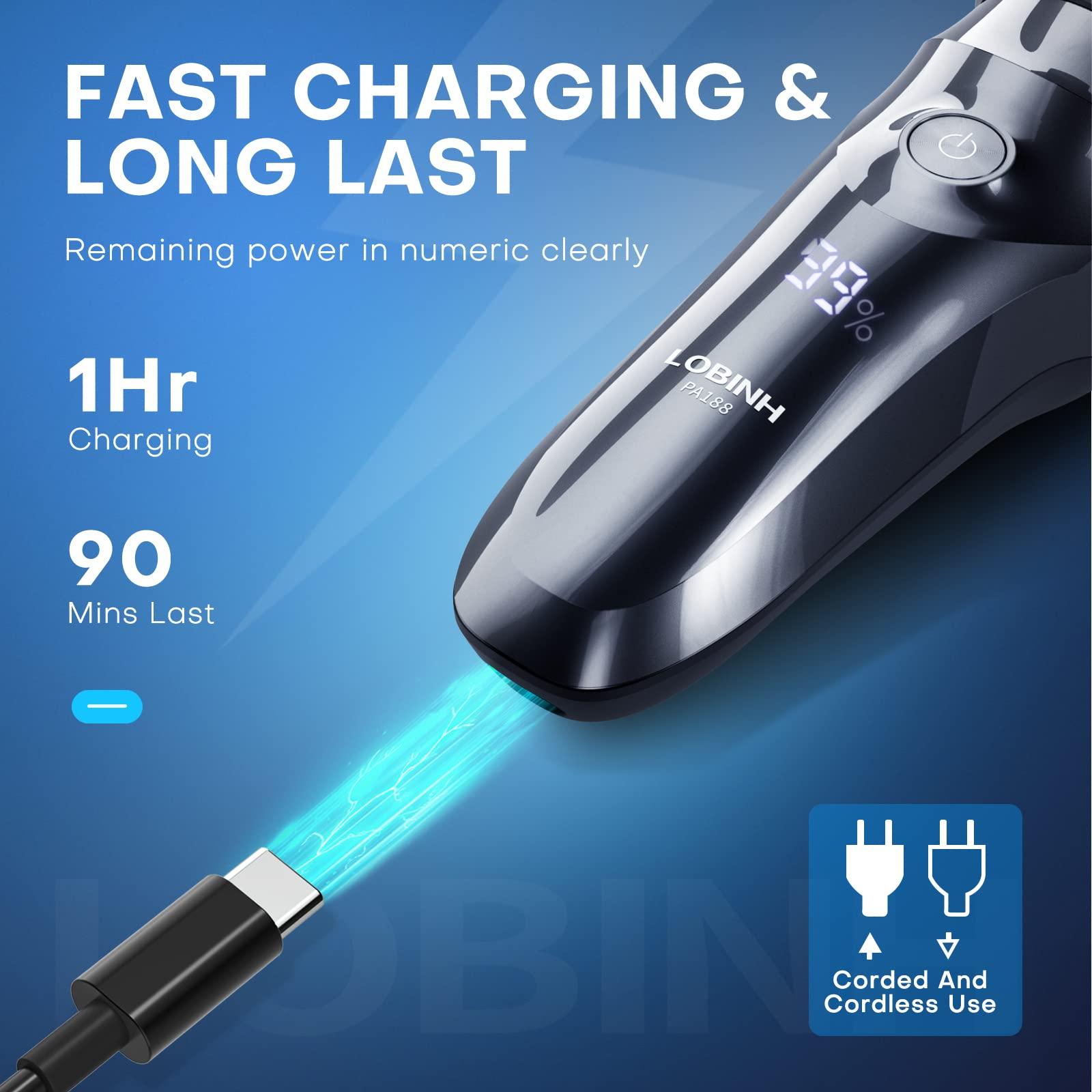 LOBINH Electric Shaver for Men, 100% Washable Rechargeable Waterproof Electric Razor Wet & Dry Shaving with Pop-up Trimmer, 1 Hour Fast Charging, 4D Floating Head, LCD Power Indicator - Image 5