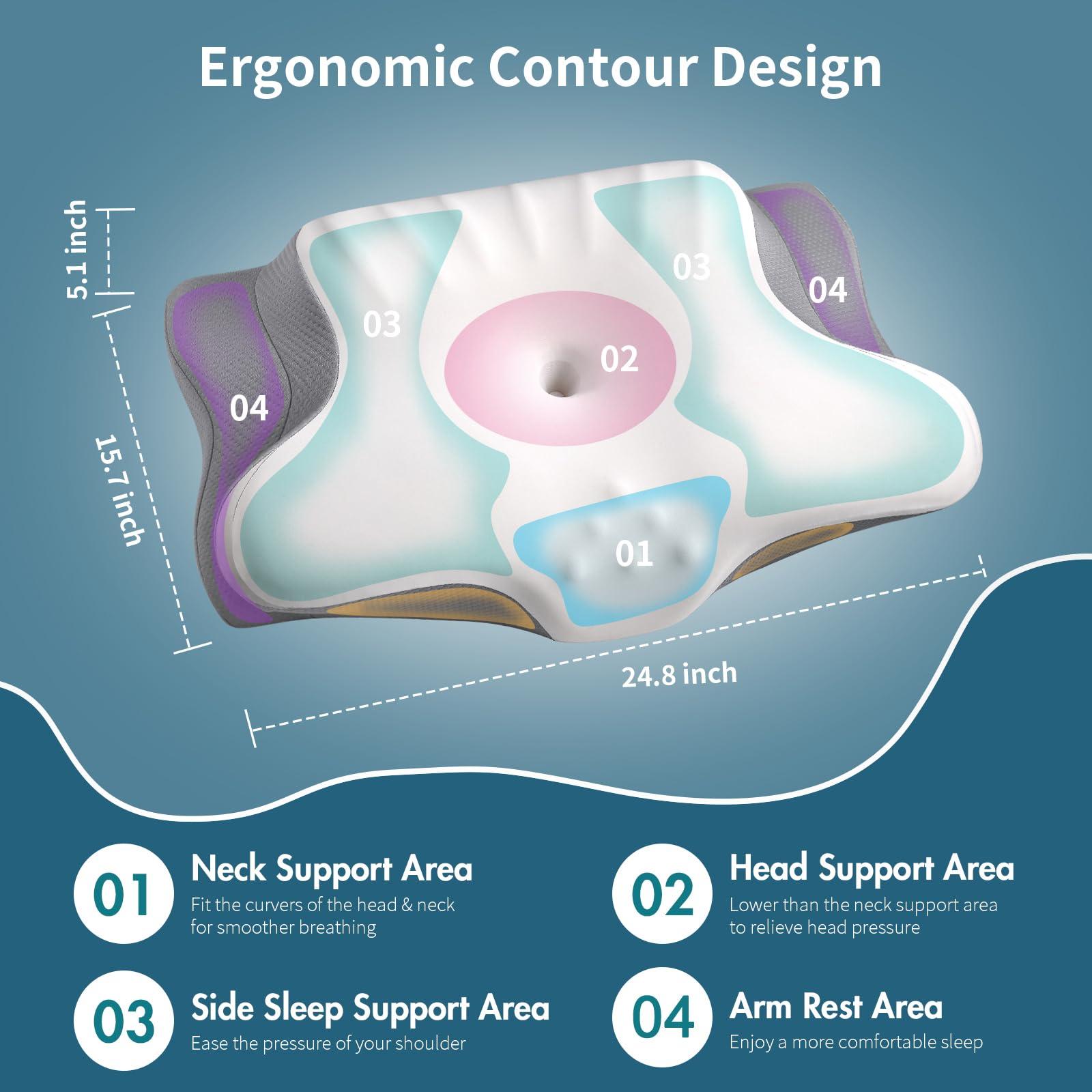 Cervical Neck Pillow for Pain Relief - Ergonomic Memory Foam Pillows for Sleeping, Cooling Side Sleeper Pillow for Neck Support, Contour Orthopedic Bed Pillow for Back Stomach Sleepers - Image 2