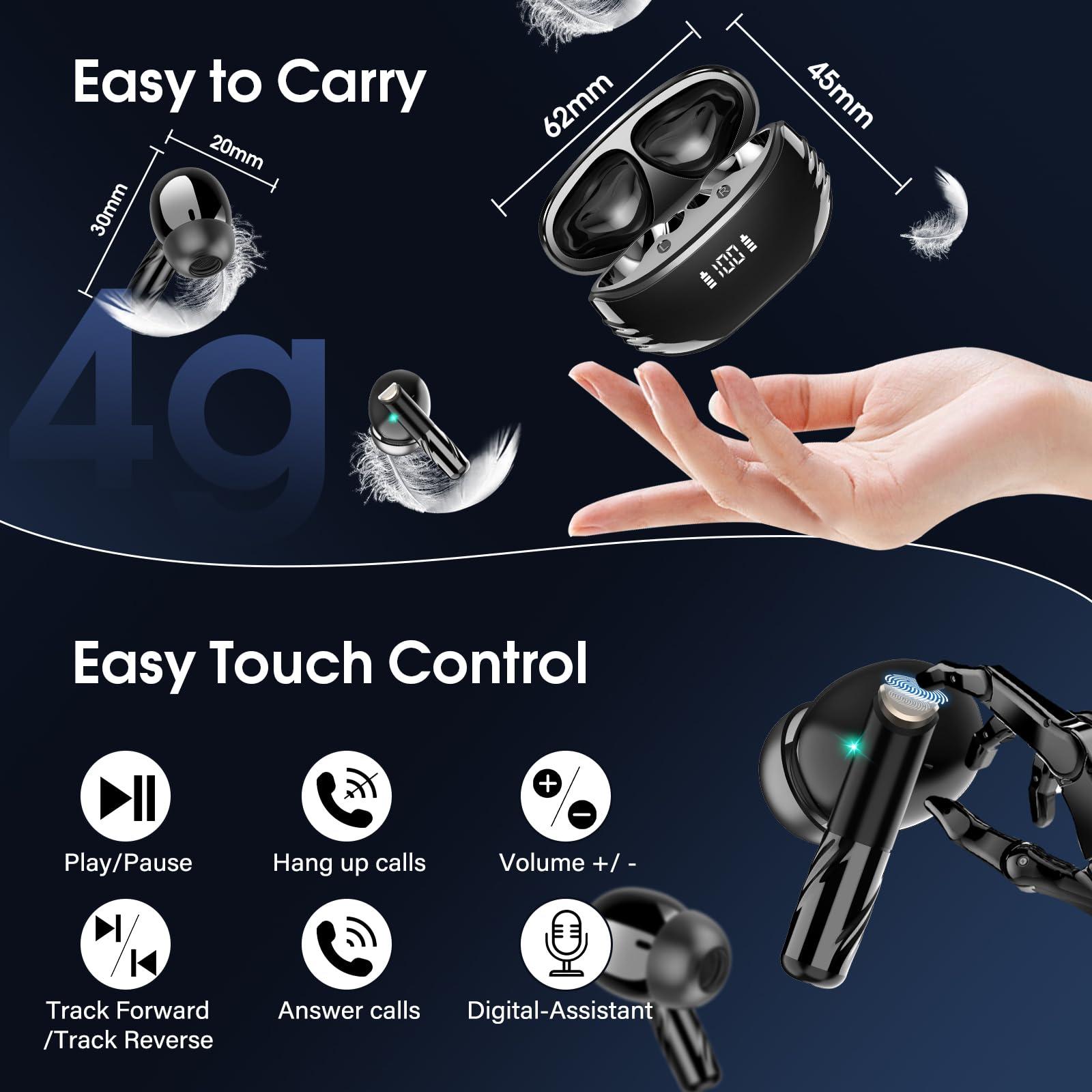 Wireless Earbuds Bluetooth 5.4 in Ear Light-Weight Headphones Built-in MIC, 48H Playback HiFi Stereo Bass Earphones, IPX7 Waterproof Ear Buds with Digital Display Charging Case, Touch Control, Black - Image 5