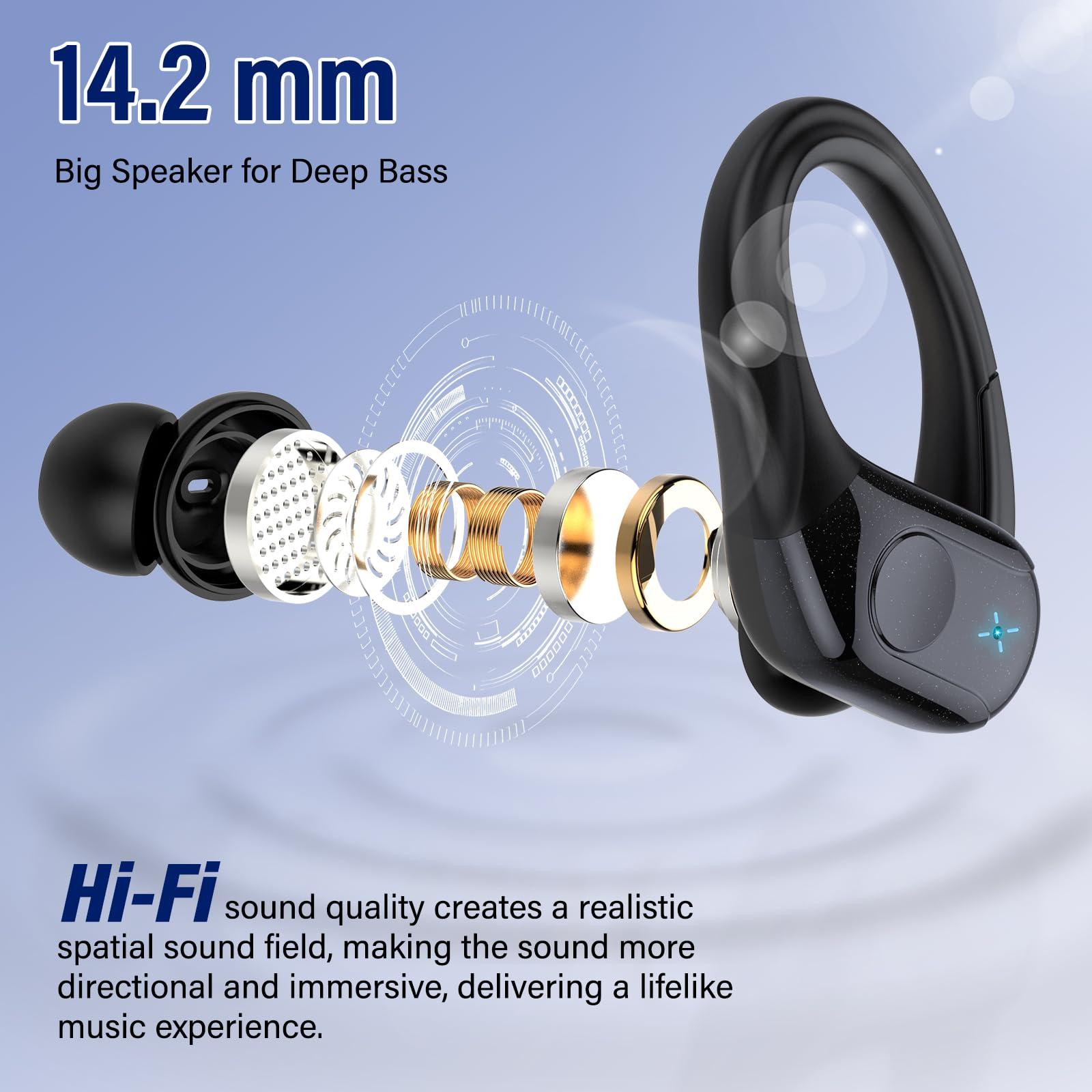 Qecnato Wireless Earbuds Bluetooth 5.4 Headphones Sports, 75H Stereo Deep Bass Over Ear Buds with Earhooks, Bluetooth Earbuds with 4 ENC Mic, LED Display, IP7 Waterproof Earphone for Running, Black - Image 2