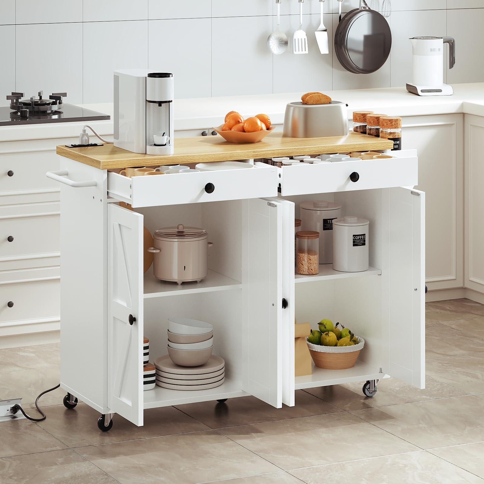 HOOBRO 43.3 Inch Kitchen Island with Charging Station, Rolling Kitchen Island with Storage, Rolling Cart with Spice Rack and Hooks, for Dining, Living Room, White and Natural WN11UZD01 - Image 3