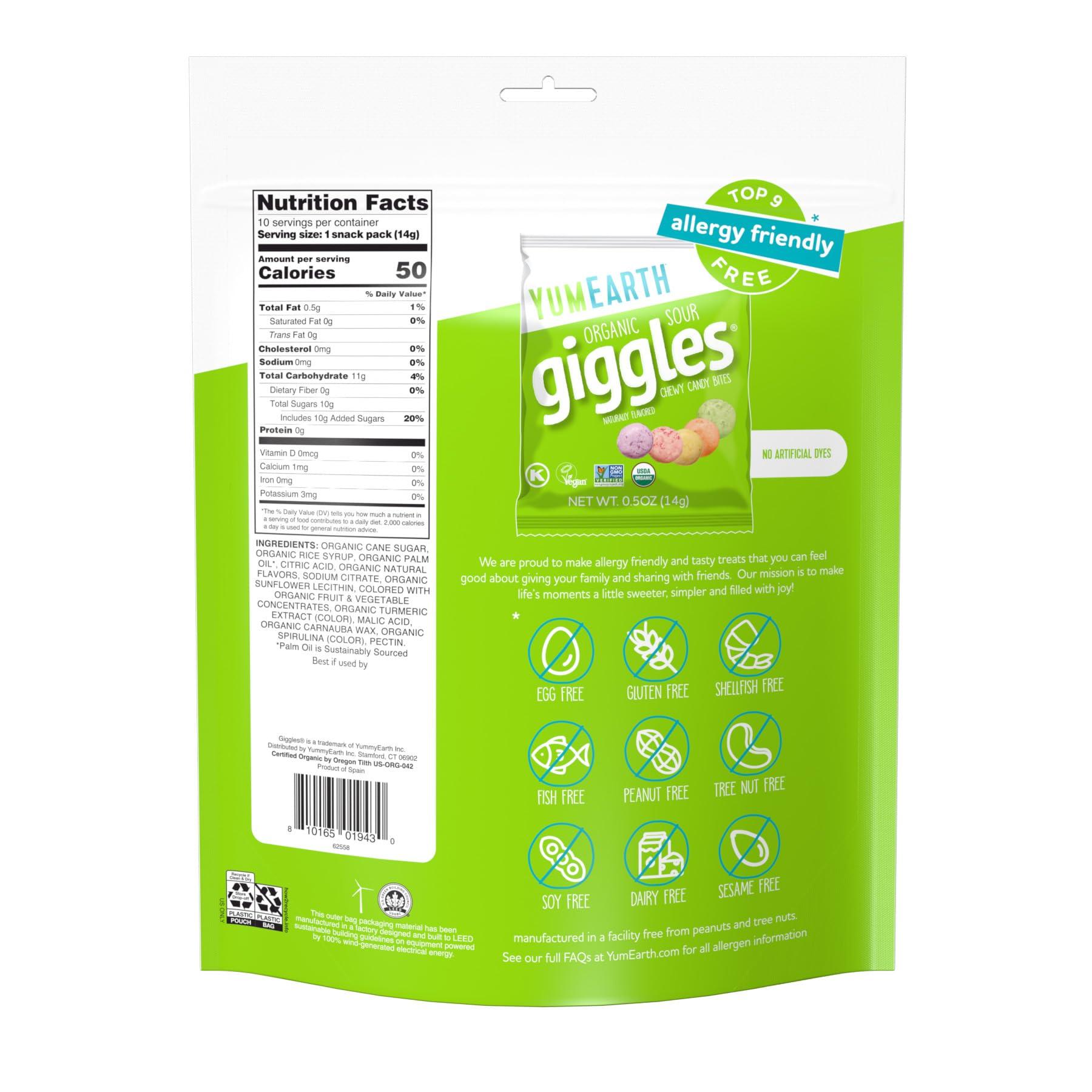 YumEarth Organic Sour Giggles Chewy Candy - Allergy Friendly (Top 9 Free), No Artificial Dyes or Flavors, Non GMO, Gluten Free, Vegan - Individually Wrapped Sour Snack Packs - 0.5 Ounce (Pack of 10) - Image 2
