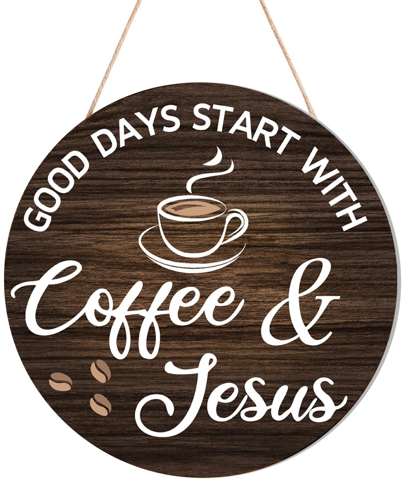 HMASYO Coffee Signs Decor for Coffee Bar, Good Days Start with Coffee & Jesus, Wood Farmhouse Wall Sign Coffee Bar Decor for Kitchen, Home, Office, Cafe, Coffee Station Housewarming Gift, 12'' x 12''