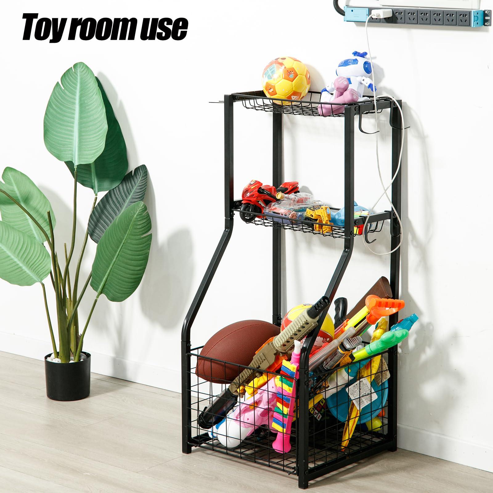YueTong Sports Equipment Organizer for Garage Organization,Ball Storage With Basketball Holder and Ball Cart Rack,Outdoor Toy Storage with Bin for Nerf Gun,Football,Volleyball Stuf,Gym Accessories - Image 5