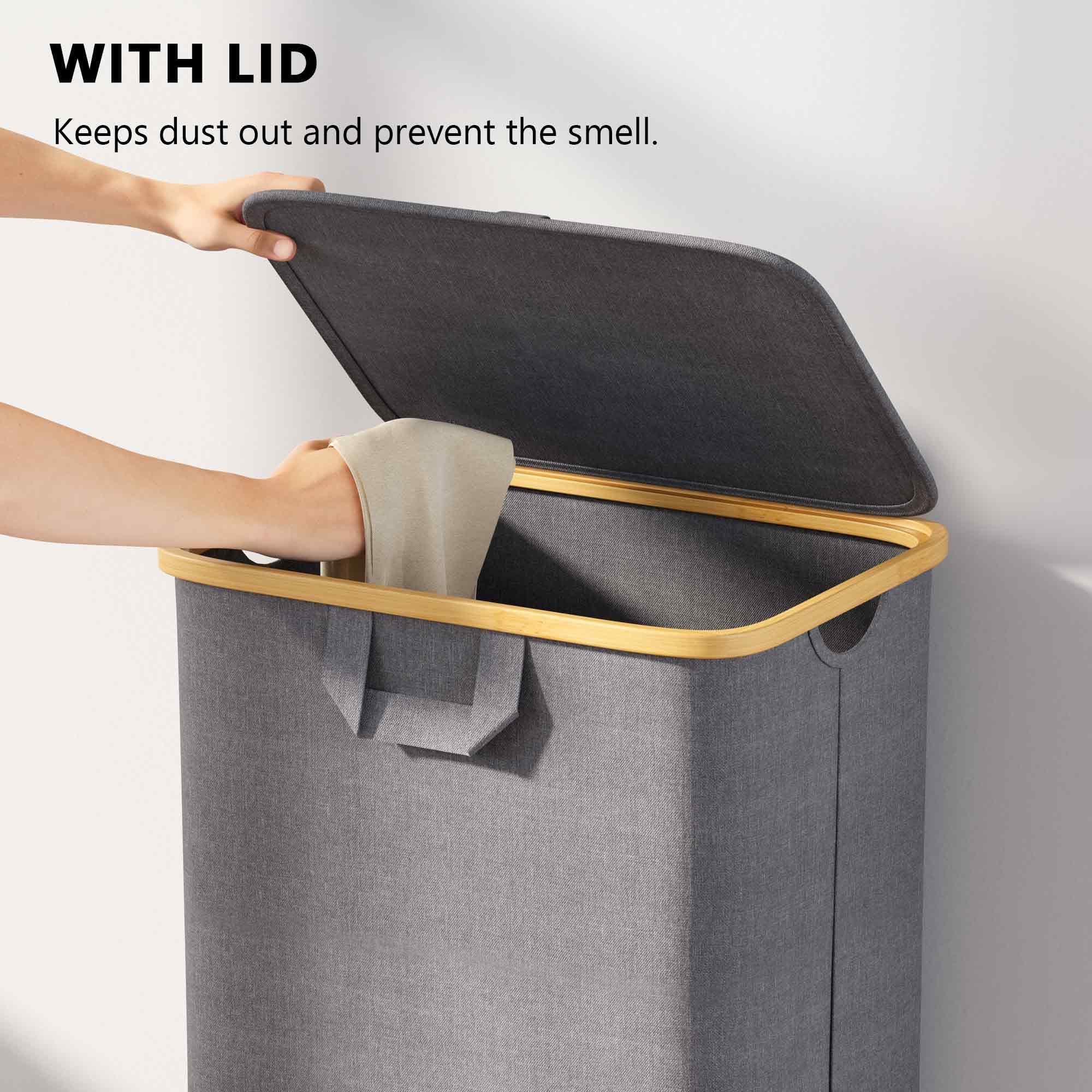 SpaceAid Laundry Hamper with Wheels and Lid, 26 Gal (100L) Rolling Clothes Basket with Bamboo Handle, Large Laundry Hamper for Bedroom, Bathroom, Dorm, Laundry Room - Grey - Image 4